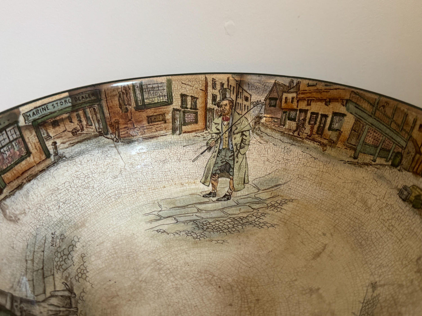 Antique Distressed Dickens Ware Large Noke Crazed Stained Pedestal Married Serving Bowl