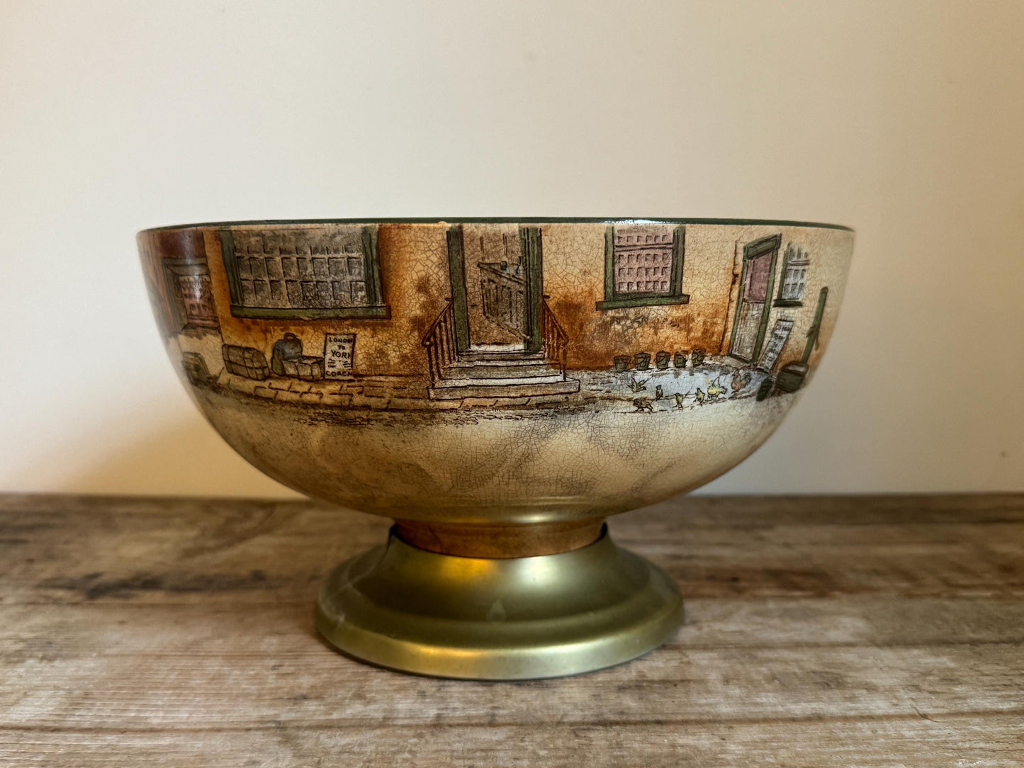 Antique Distressed Dickens Ware Large Noke Crazed Stained Pedestal Married Serving Bowl