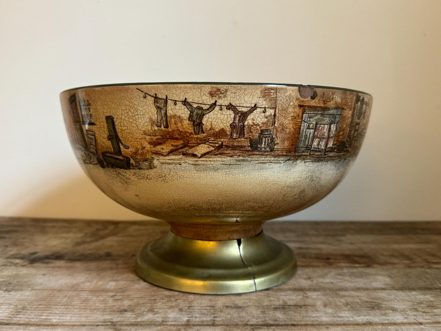 Antique Distressed Dickens Ware Large Noke Crazed Stained Pedestal Married Serving Bowl