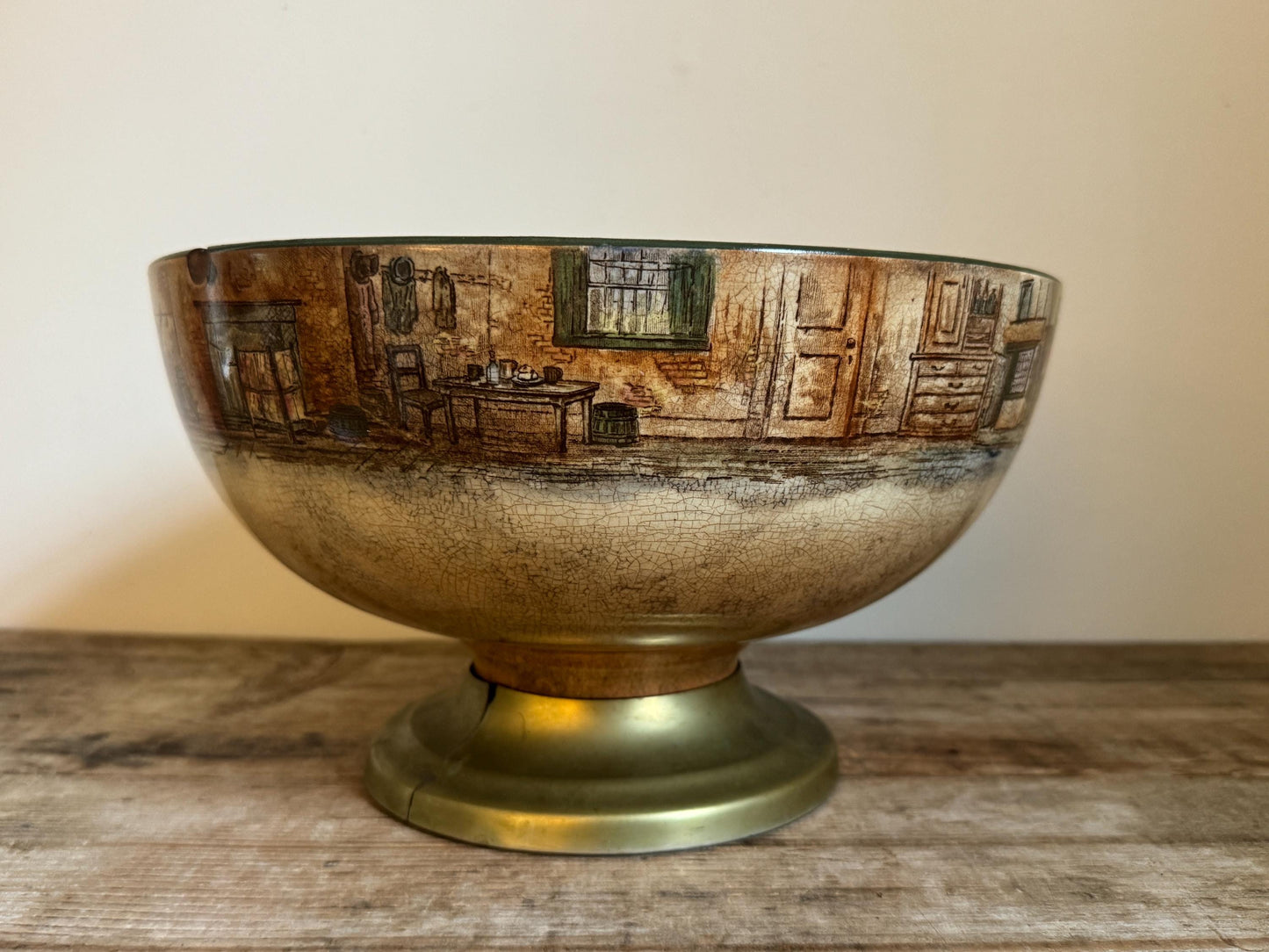 Antique Distressed Dickens Ware Large Noke Crazed Stained Pedestal Married Serving Bowl