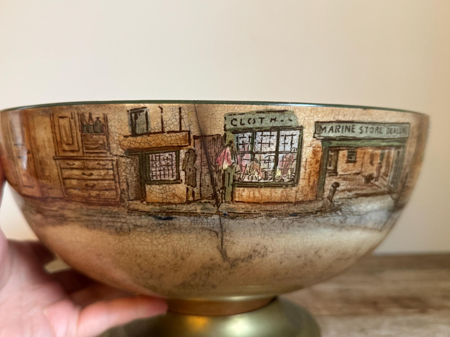 Antique Distressed Dickens Ware Large Noke Crazed Stained Pedestal Married Serving Bowl