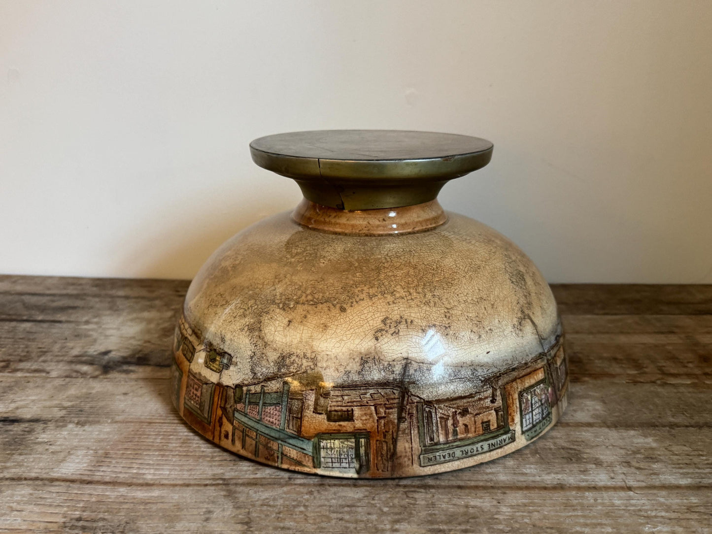Antique Distressed Dickens Ware Large Noke Crazed Stained Pedestal Married Serving Bowl