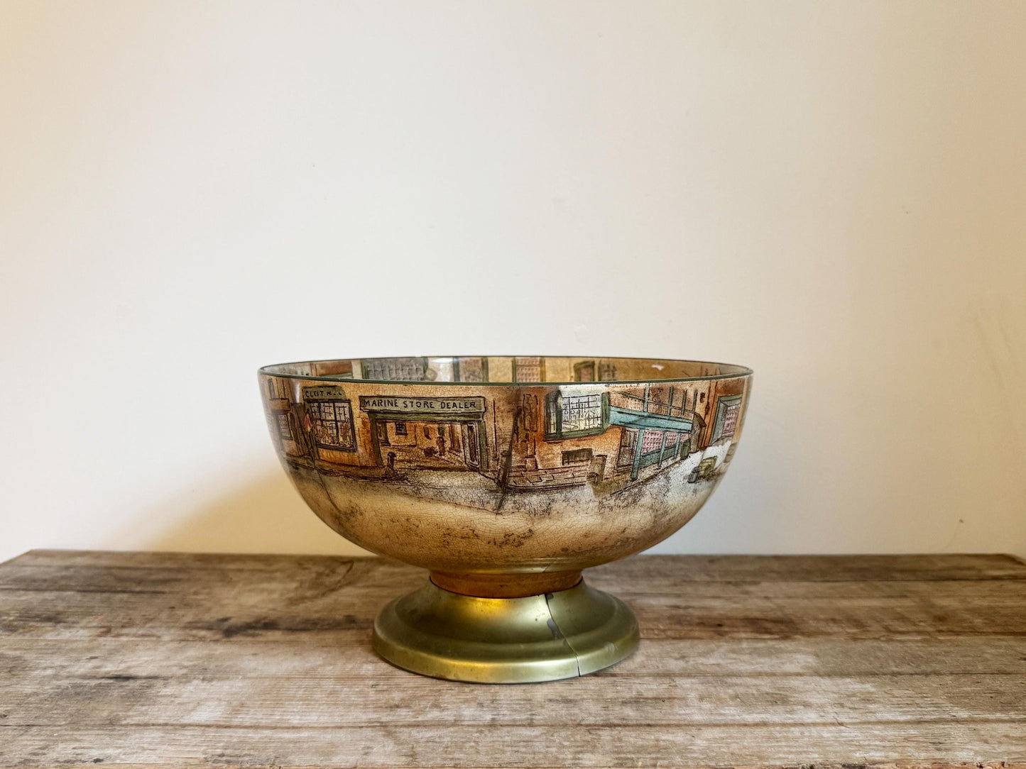Antique Distressed Dickens Ware Large Noke Crazed Stained Pedestal Married Serving Bowl