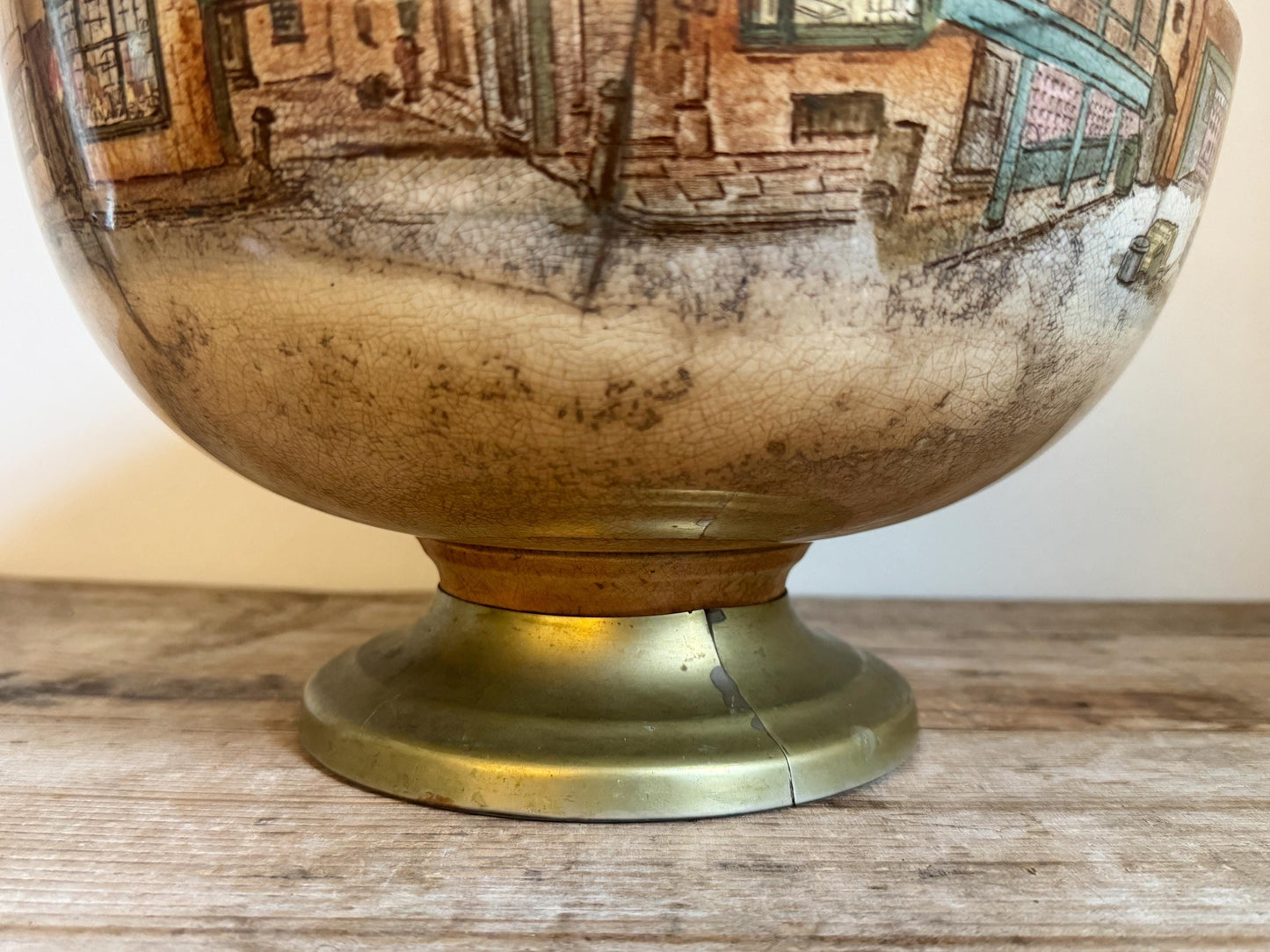Antique Distressed Dickens Ware Large Noke Crazed Stained Pedestal Married Serving Bowl