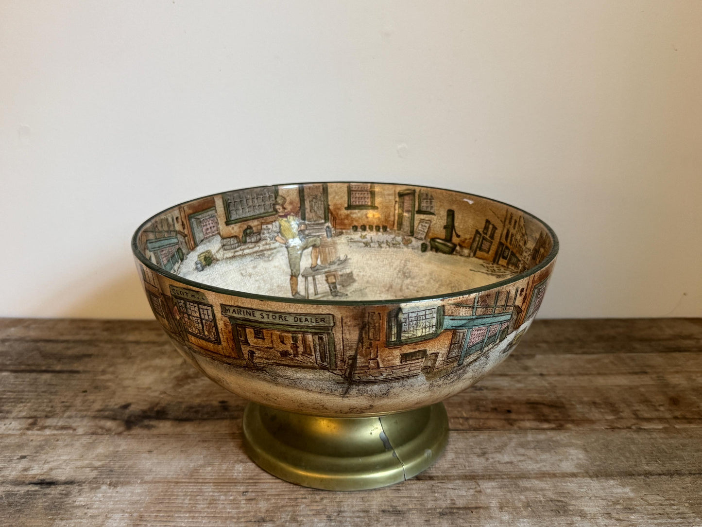 Antique Distressed Dickens Ware Large Noke Crazed Stained Pedestal Married Serving Bowl