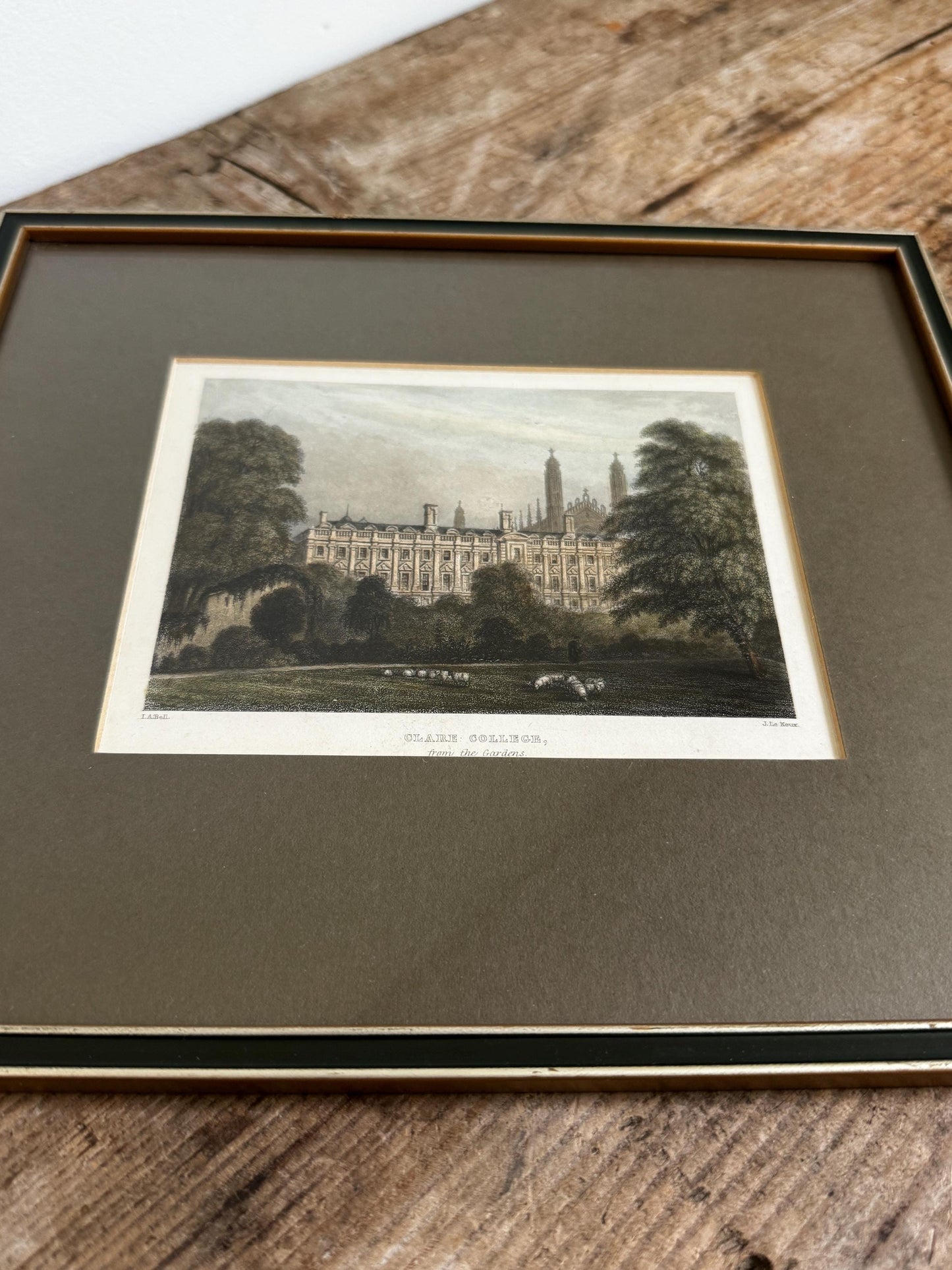 Antique Hand Colored Engraving Clare College Cambridge, England Wall Art