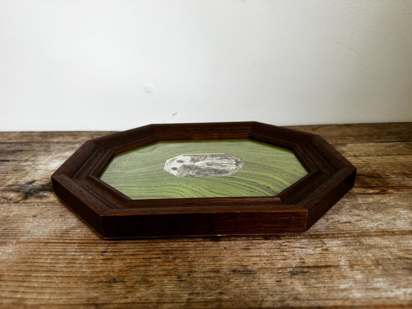 Vintage Wood Frame Hexagonal Marbled Mat Green with Giclee Print