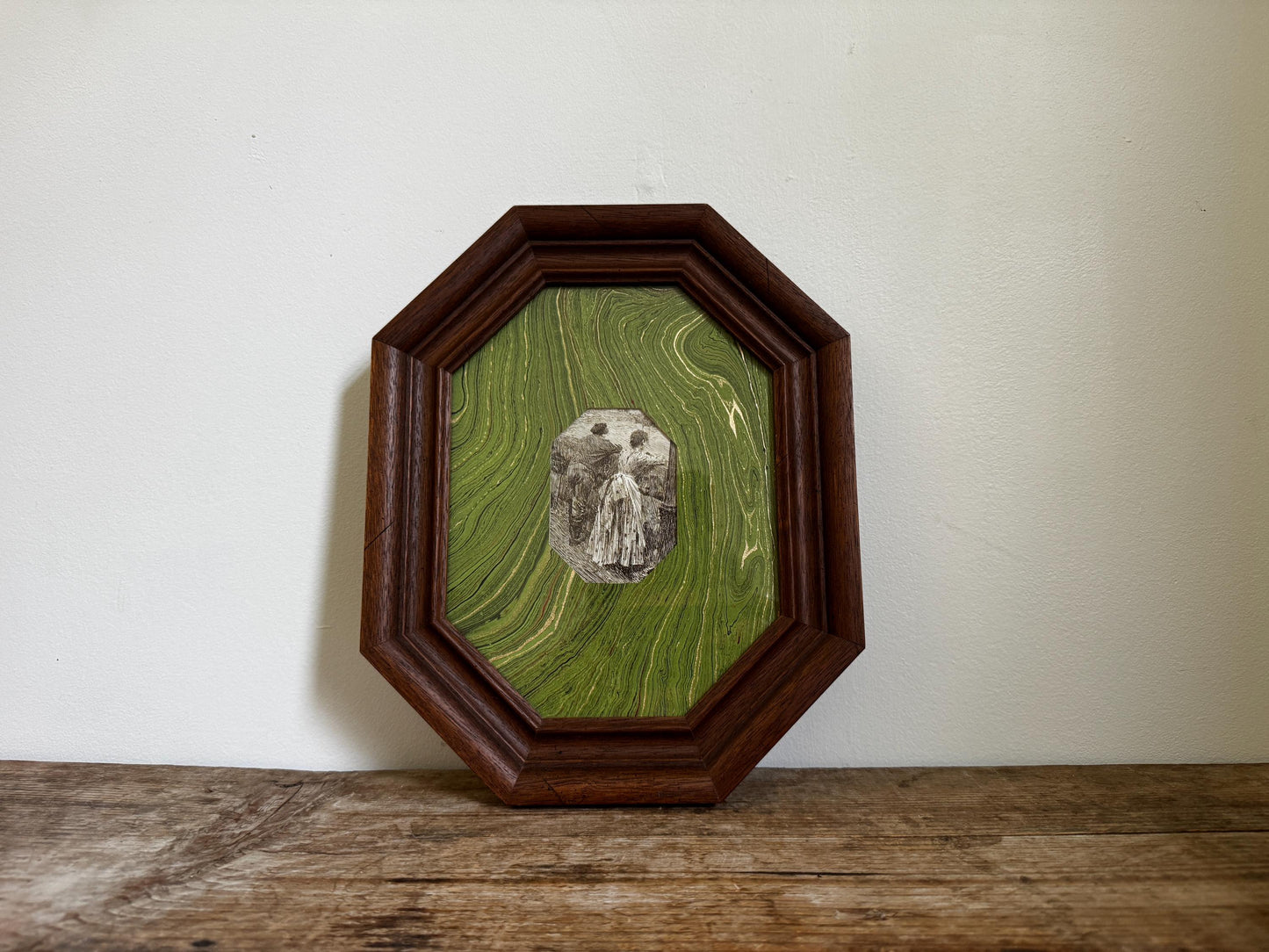Vintage Wood Frame Hexagonal Marbled Mat Green with Giclee Print