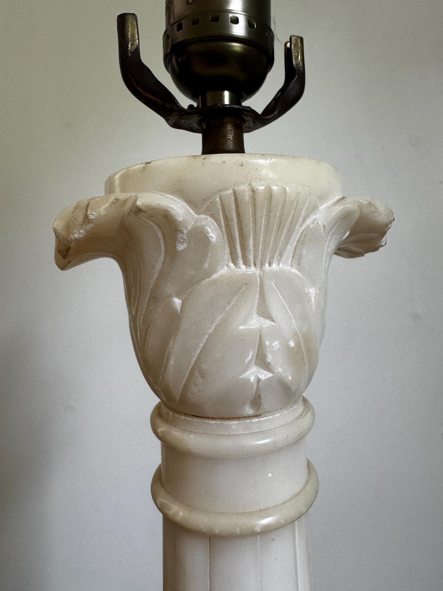 Antique Pair Neoclassical Tall Marble Alabaster Column White Grey Stone Lamp Antique Vintage