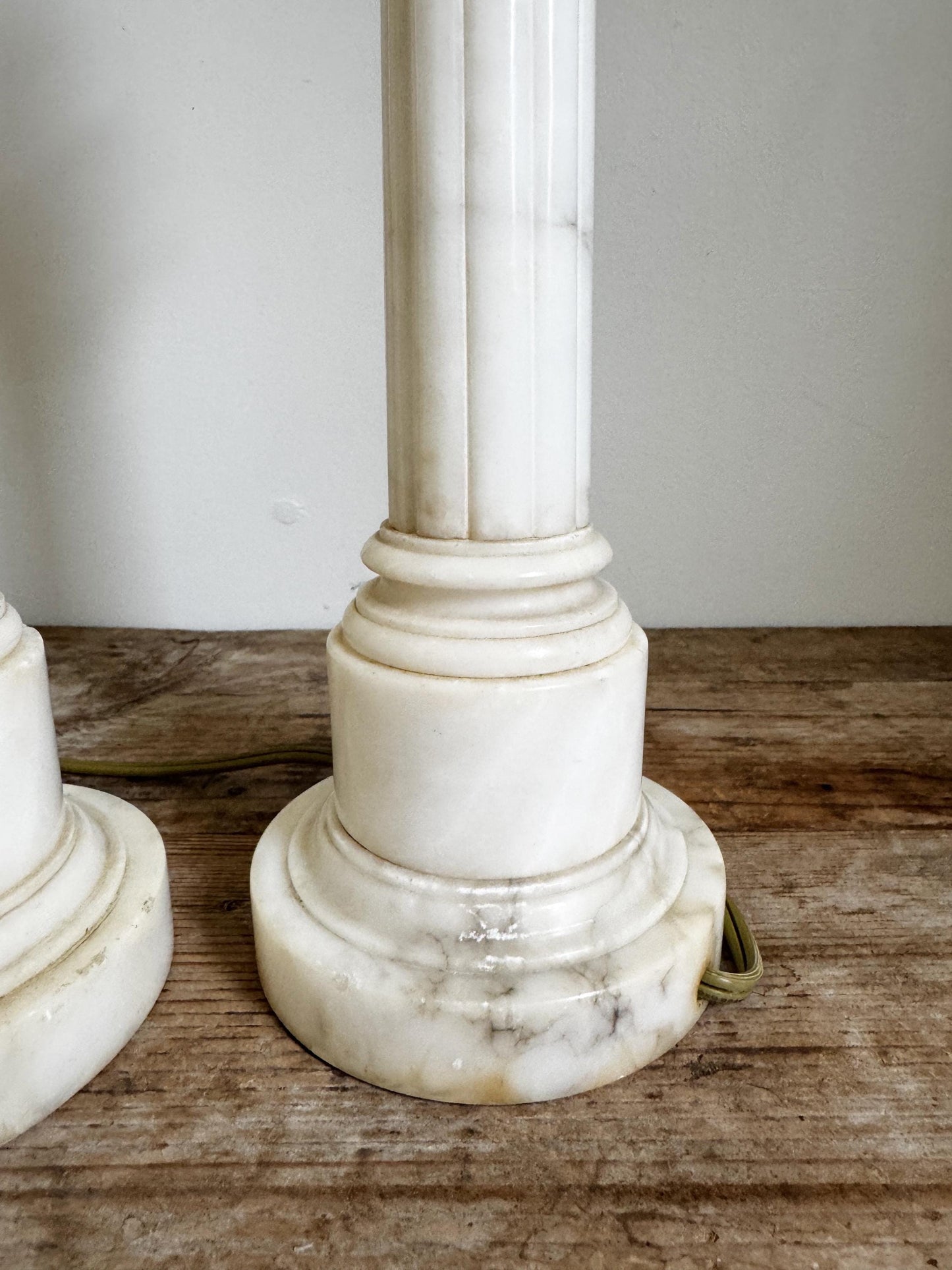 Antique Pair Neoclassical Tall Marble Alabaster Column White Grey Stone Lamp Antique Vintage