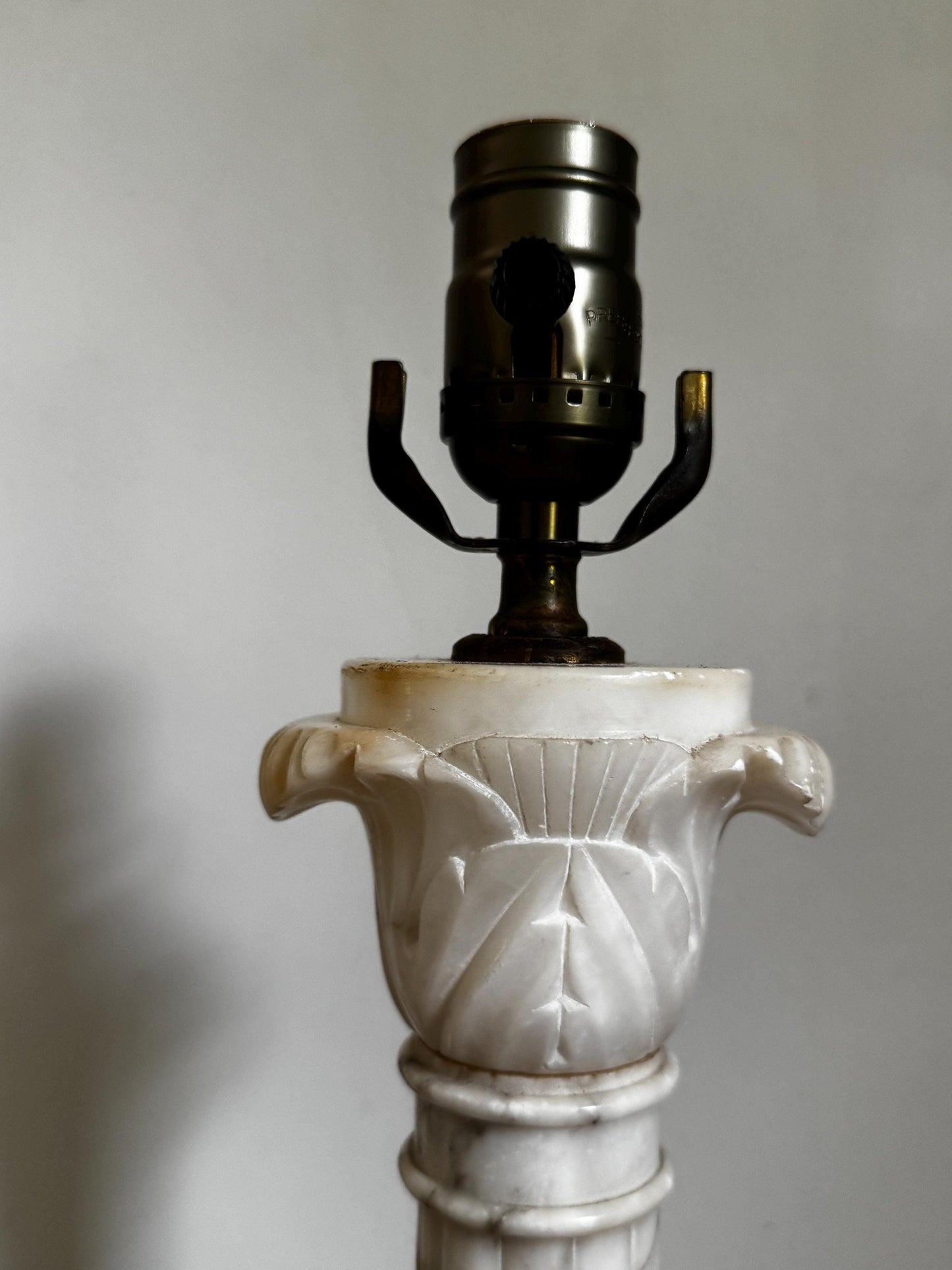 Antique Pair Neoclassical Tall Marble Alabaster Column White Grey Stone Lamp Antique Vintage