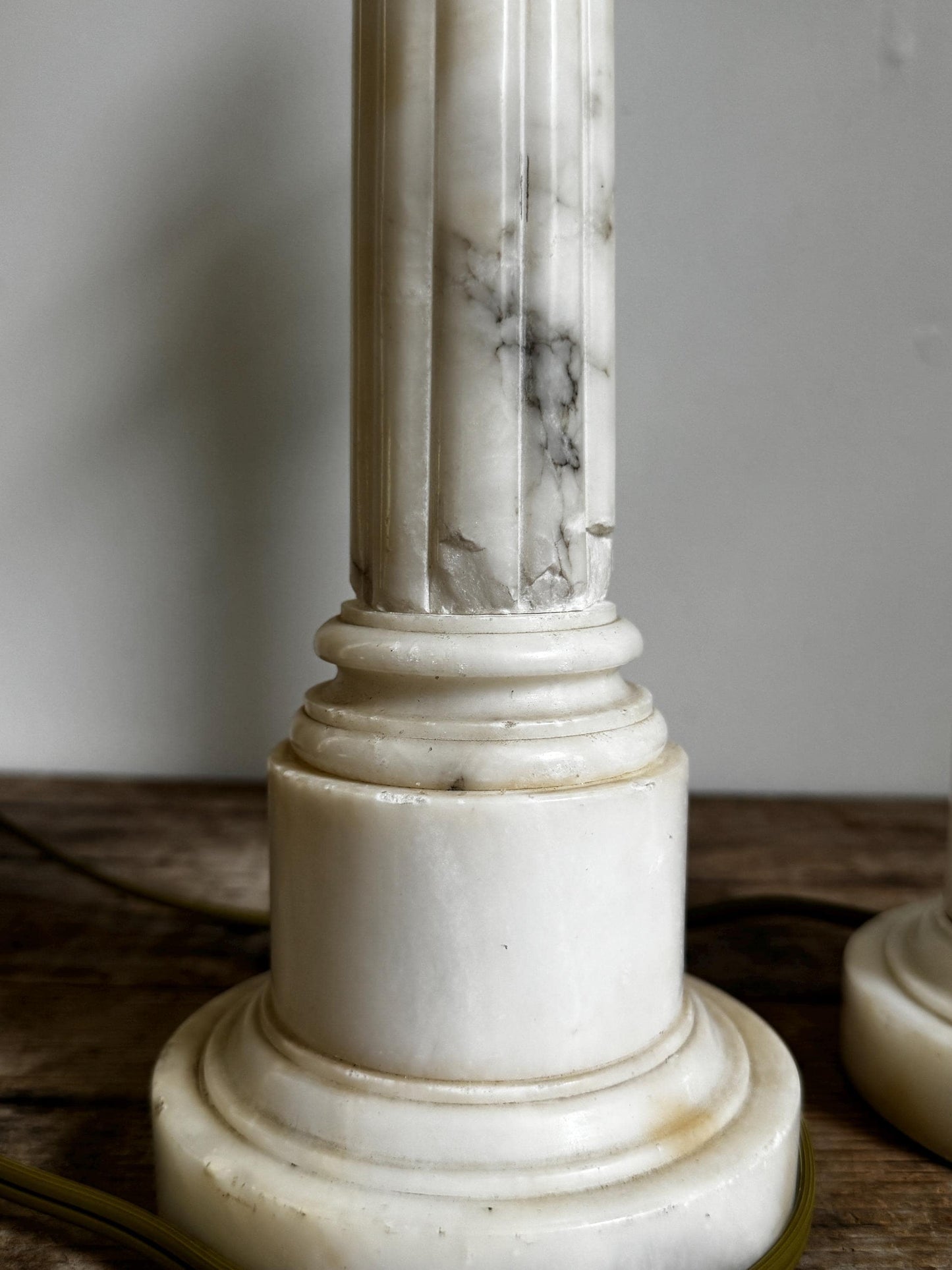 Antique Pair Neoclassical Tall Marble Alabaster Column White Grey Stone Lamp Antique Vintage