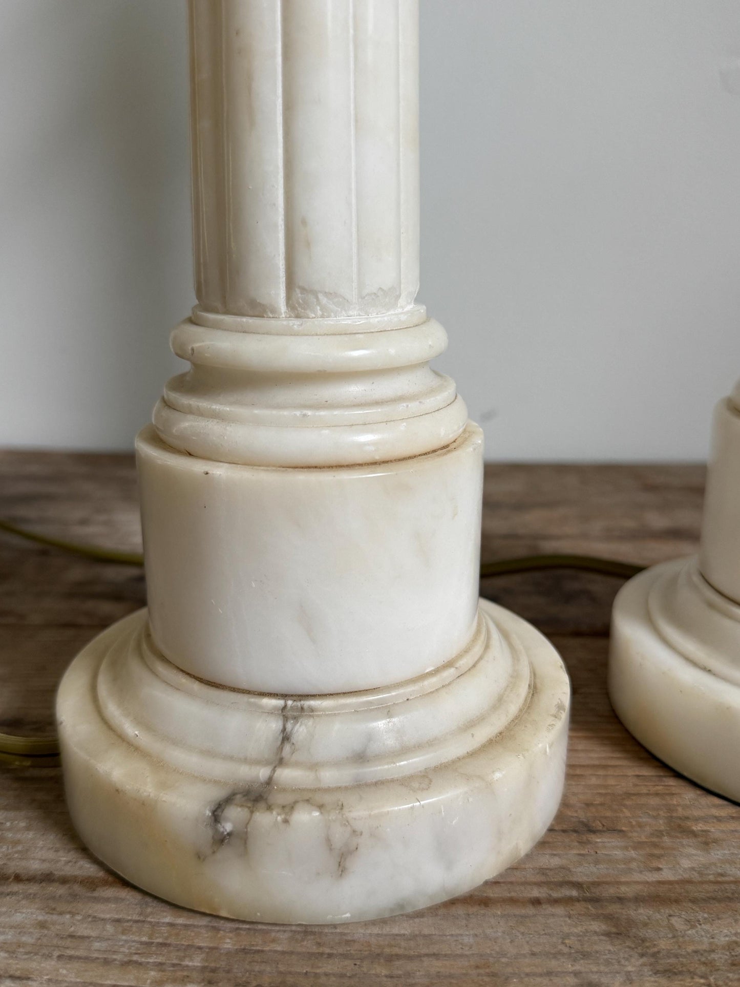 Antique Pair Neoclassical Tall Marble Alabaster Column White Grey Stone Lamp Antique Vintage
