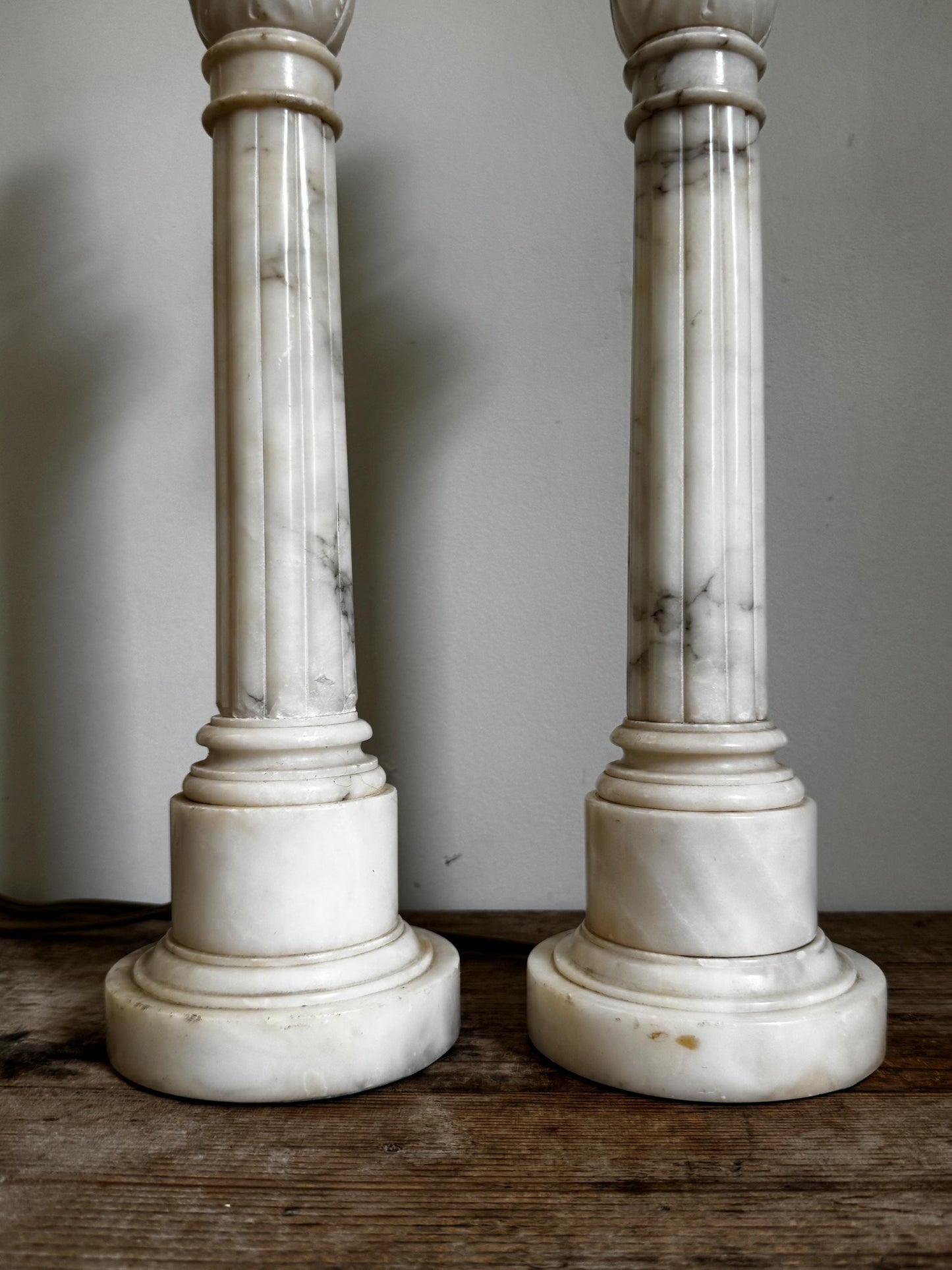 Antique Pair Neoclassical Tall Marble Alabaster Column White Grey Stone Lamp Antique Vintage