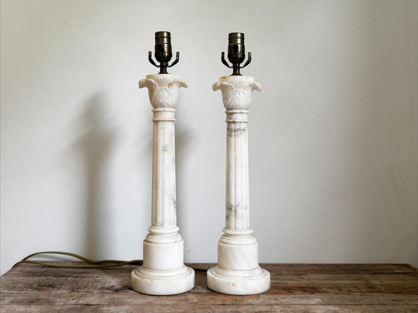 Antique Pair Neoclassical Tall Marble Alabaster Column White Grey Stone Lamp Antique Vintage