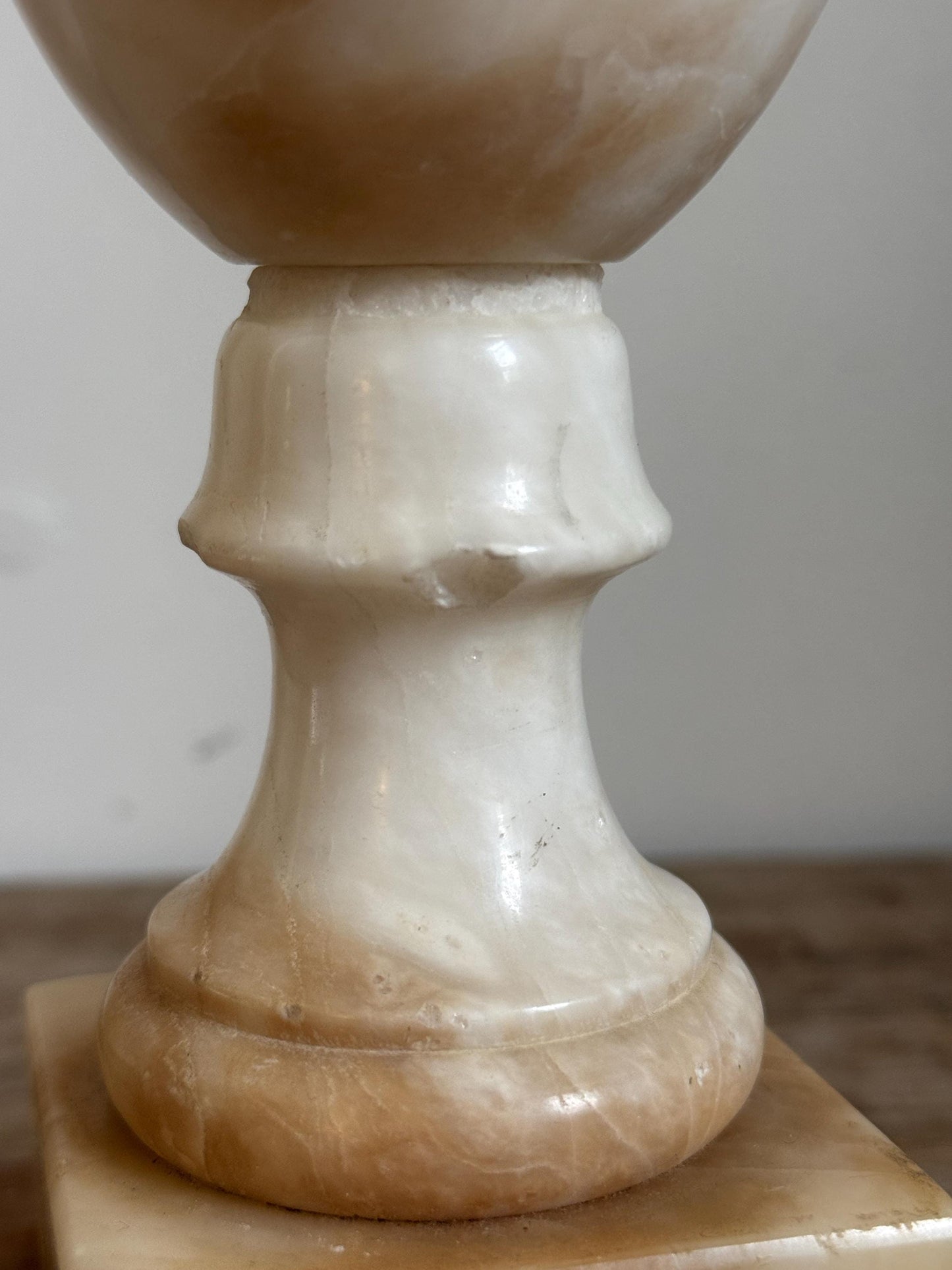 Alabaster Antique Neoclassical Cream White Distressed Stone Table Lamp Antique Vintage Urn Carved