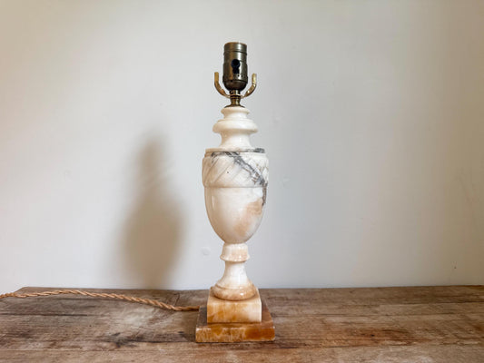 Alabaster Antique Neoclassical Cream White Distressed Stone Table Lamp Antique Vintage Urn Carved