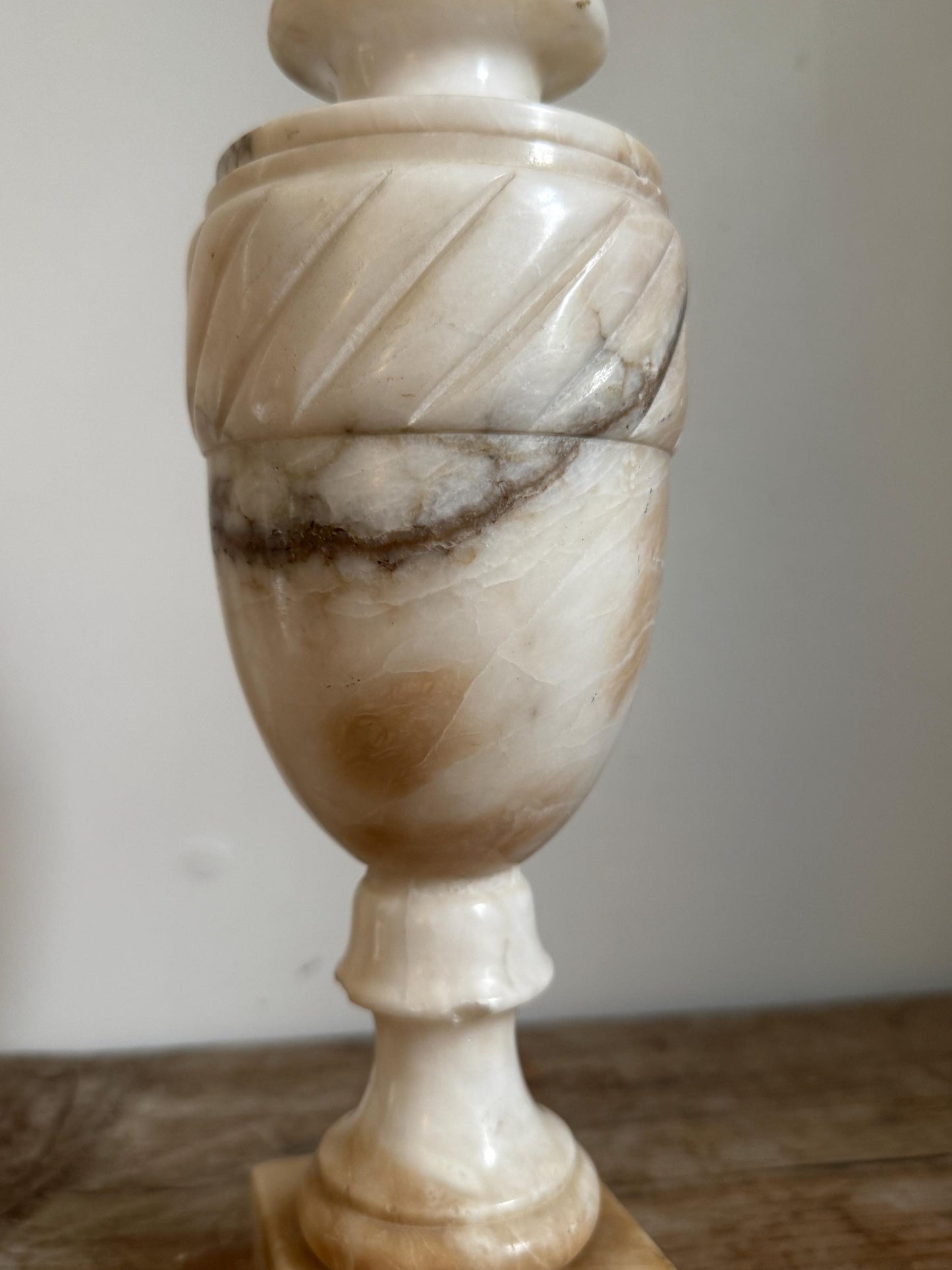 Alabaster Antique Neoclassical Cream White Distressed Stone Table Lamp Antique Vintage Urn Carved