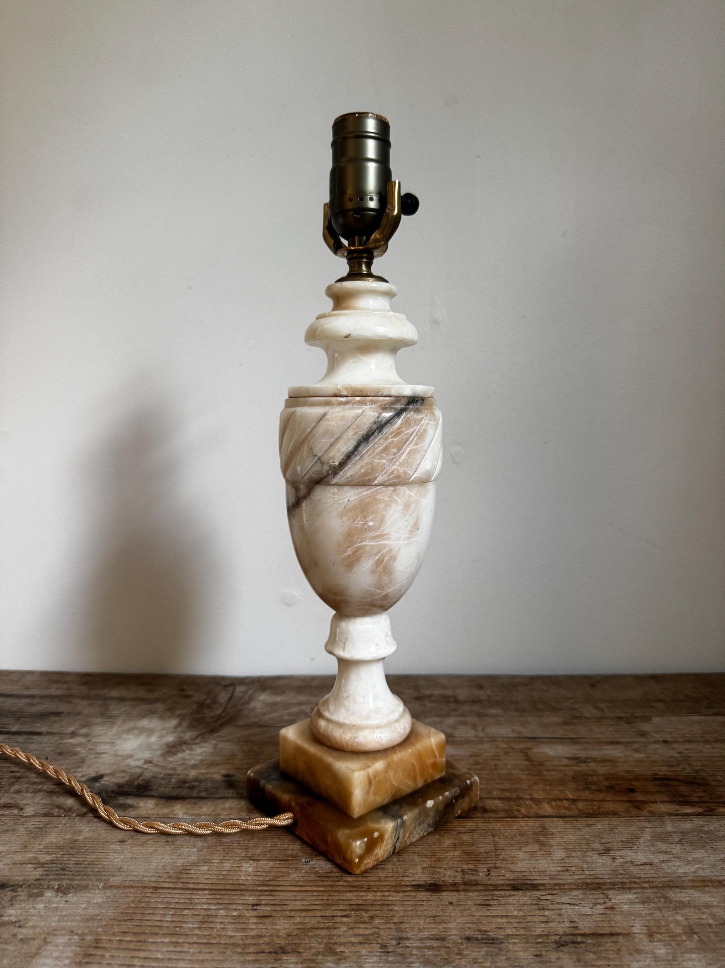 Alabaster Antique Neoclassical Cream White Distressed Stone Table Lamp Antique Vintage Urn Carved