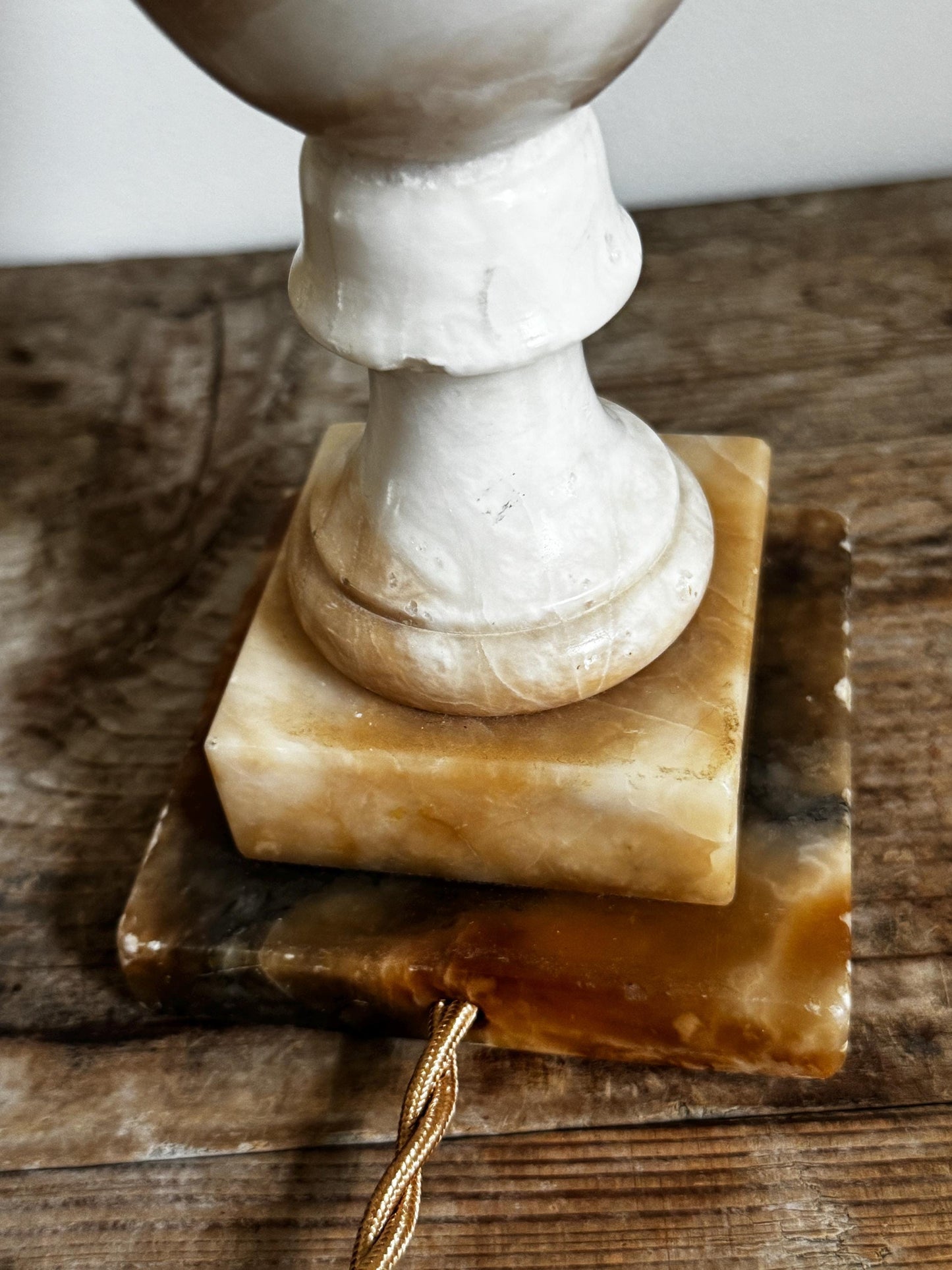 Alabaster Antique Neoclassical Cream White Distressed Stone Table Lamp Antique Vintage Urn Carved