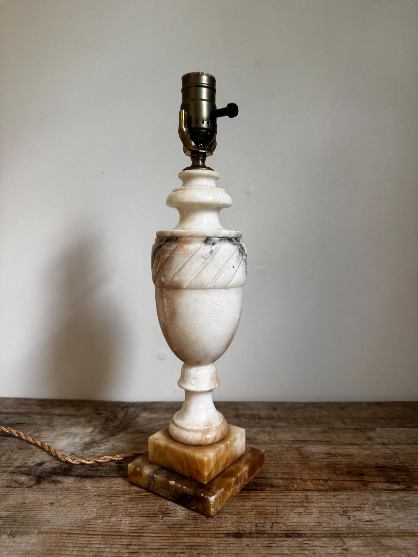 Alabaster Antique Neoclassical Cream White Distressed Stone Table Lamp Antique Vintage Urn Carved