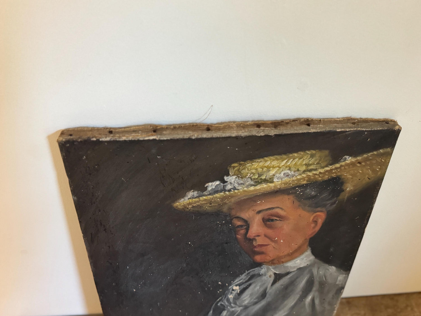 Antique Oil Portrait Woman Hat Canvas Unframed Hobby Painting Vintage Distressed Wall Art