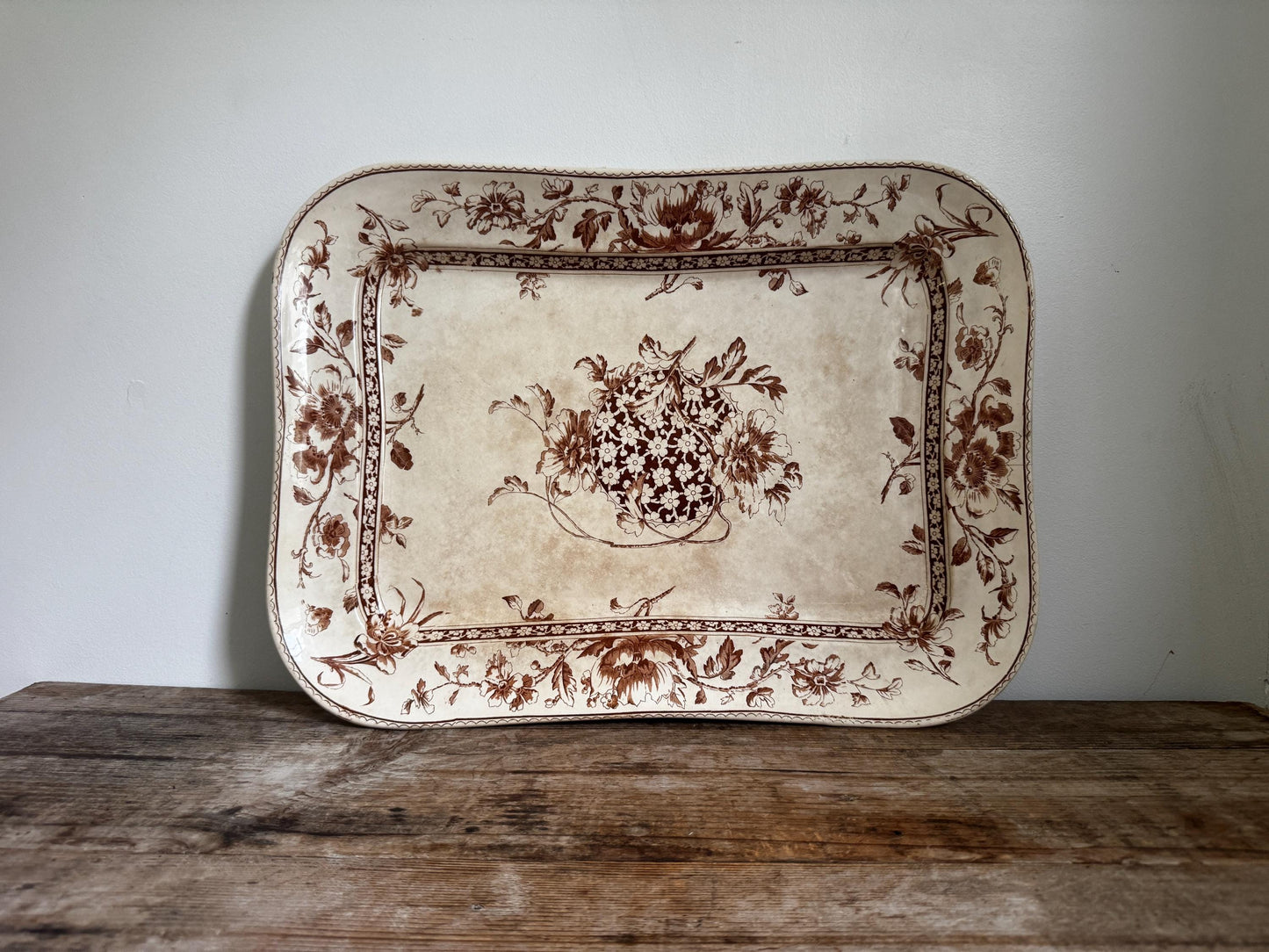 Antique Doultons Oxford Brown Transferware Stained Platter Distressed Crazed Plate Oval Dish Tray Platterr