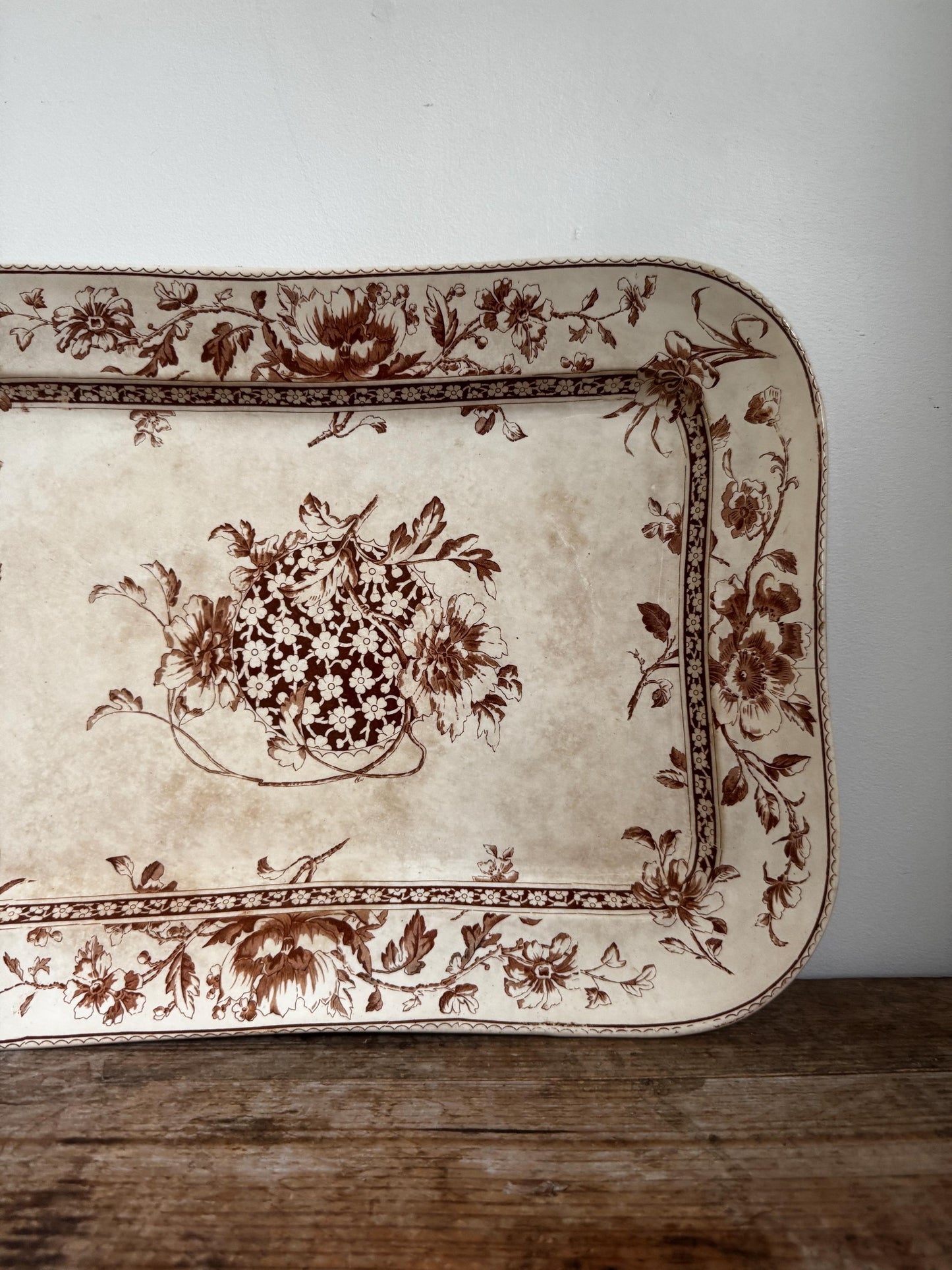 Antique Doultons Oxford Brown Transferware Stained Platter Distressed Crazed Plate Oval Dish Tray Platterr