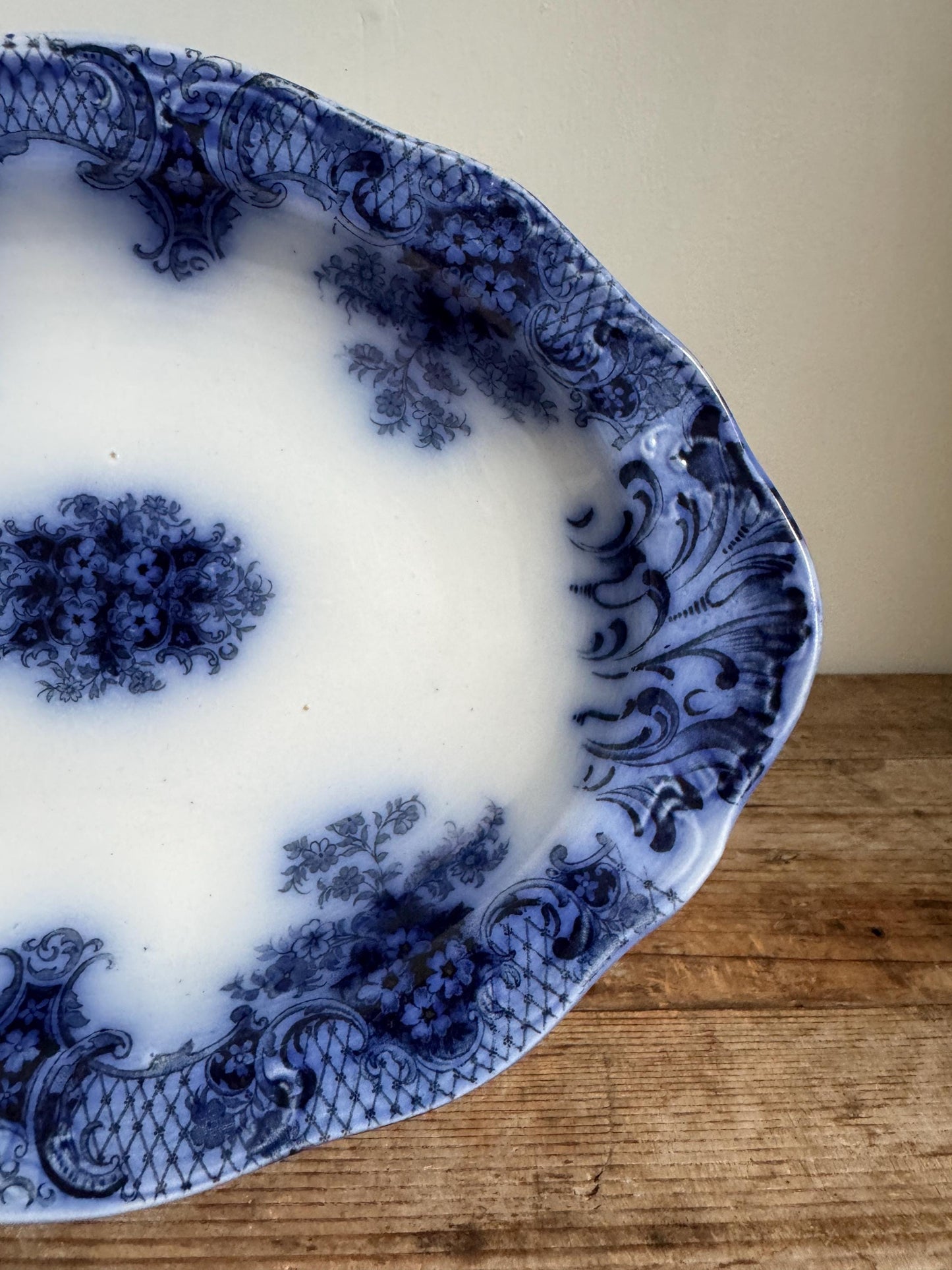 Antique Wood Son Keswick 12" Oval Vegetable Bowl Platter England Blue Transferware Relish Dish Ironstone Flow Blue