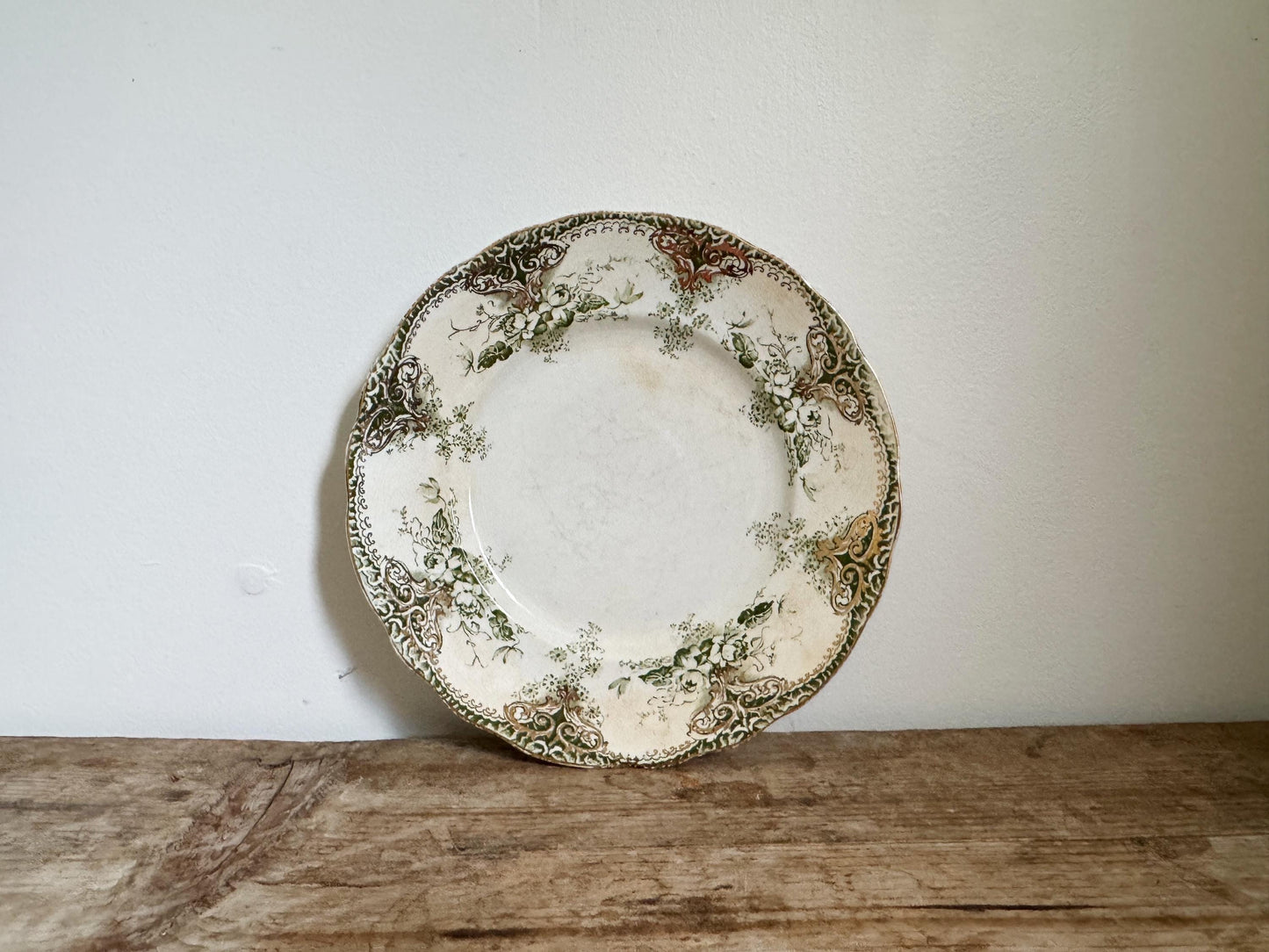 Antique Green Floral Gold China Green White Plate 9" Transferware