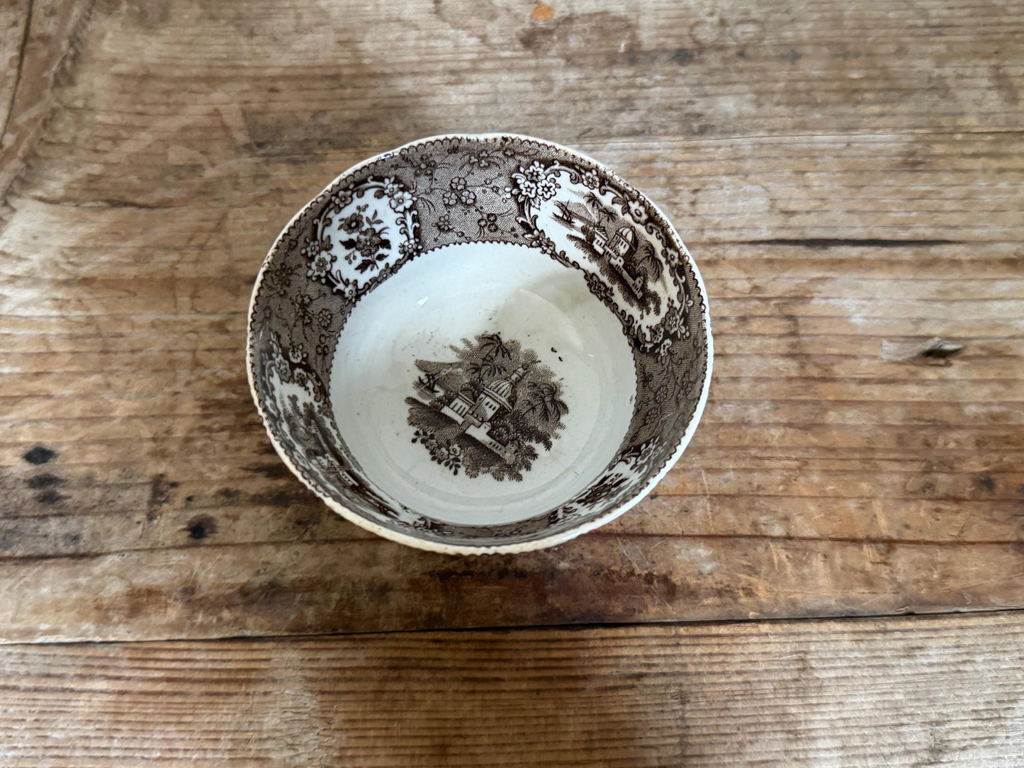 Antique William Ridgways Oriental Brown White Transferware Mini Waste Bowl Tea Cup Scalloped 1830s