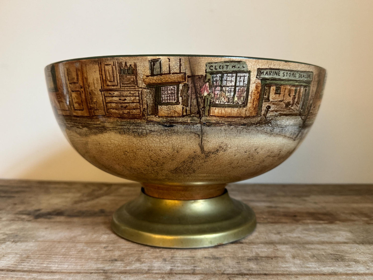 Antique Distressed Dickens Ware Large Noke Crazed Stained Pedestal Married Serving Bowl