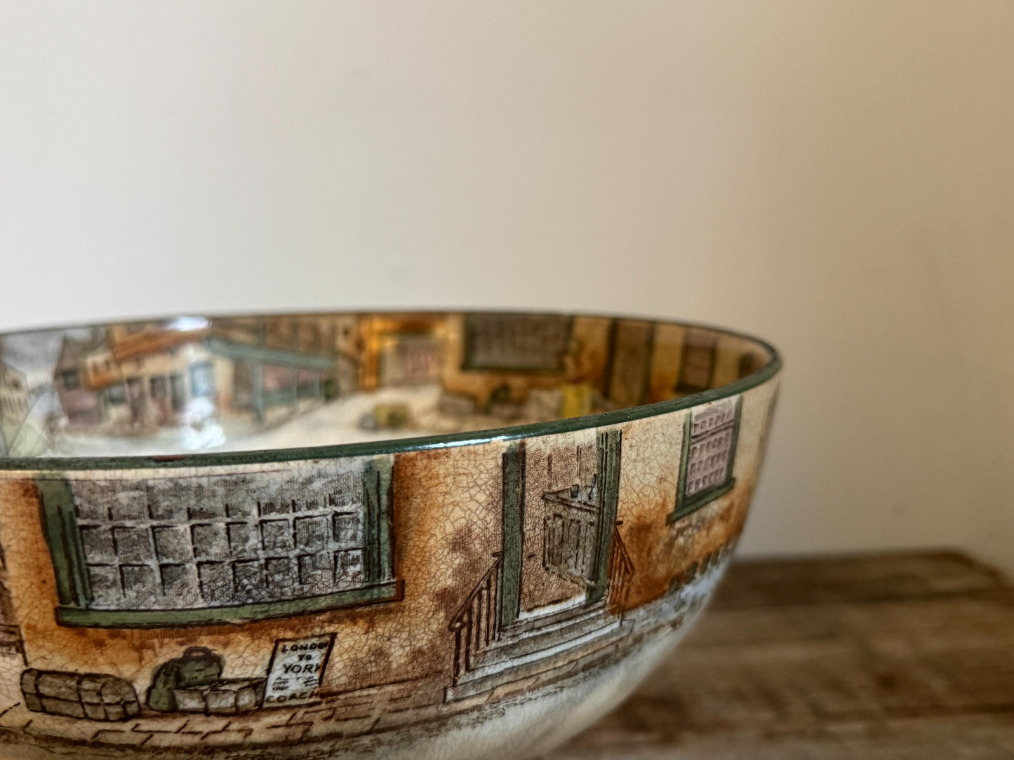 Antique Distressed Dickens Ware Large Noke Crazed Stained Pedestal Married Serving Bowl