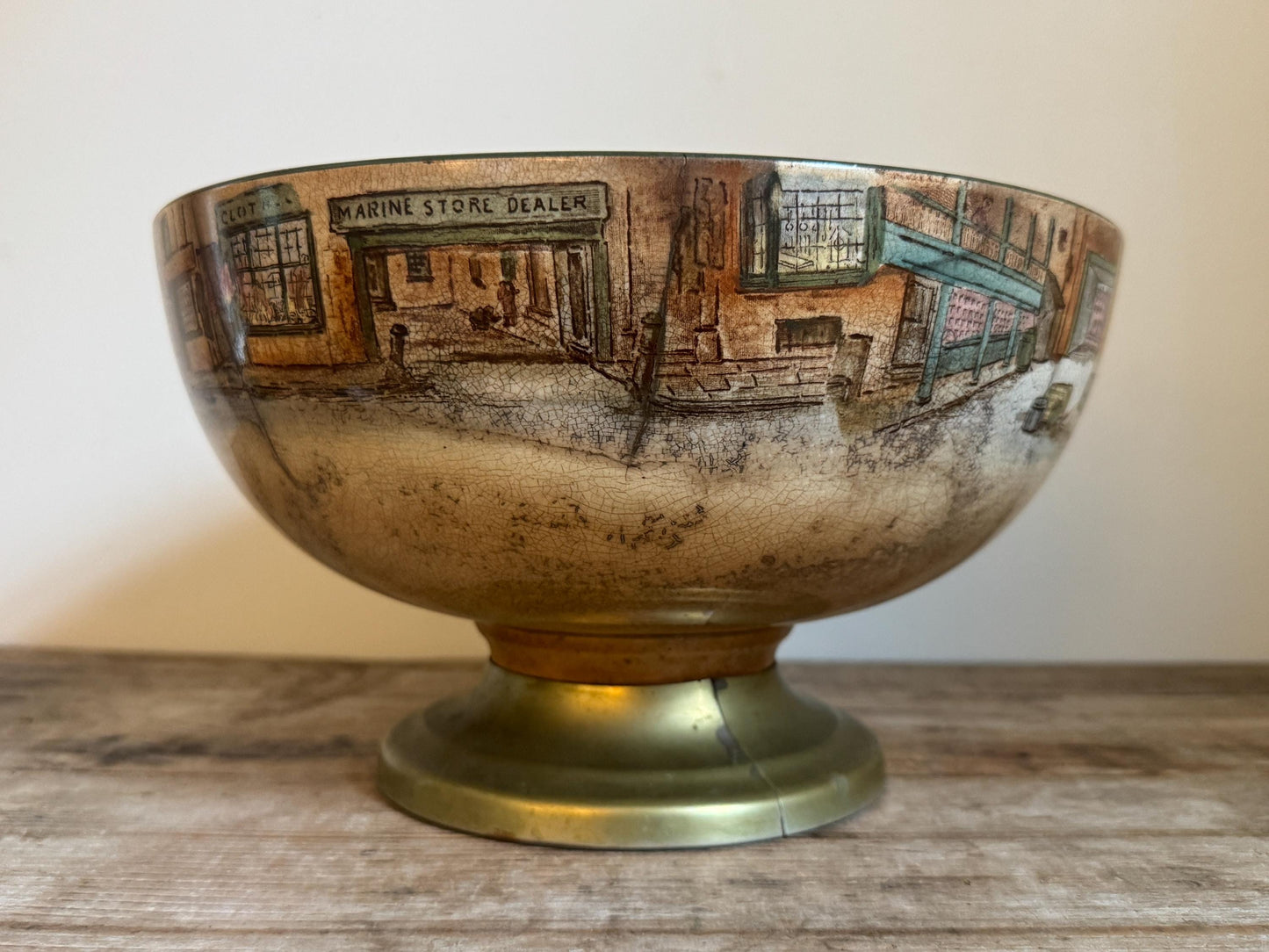 Antique Distressed Dickens Ware Large Noke Crazed Stained Pedestal Married Serving Bowl