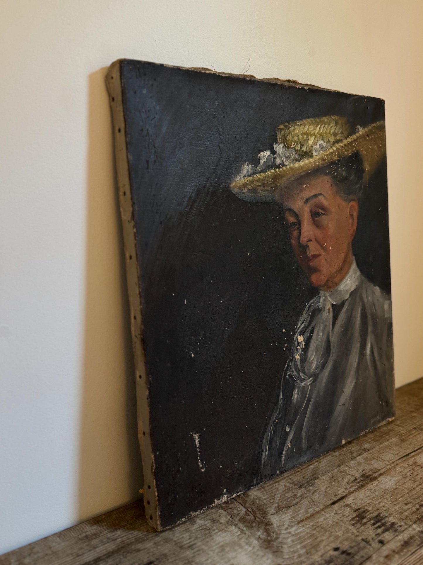 Antique Oil Portrait Woman Hat Canvas Unframed Hobby Painting Vintage Distressed Wall Art