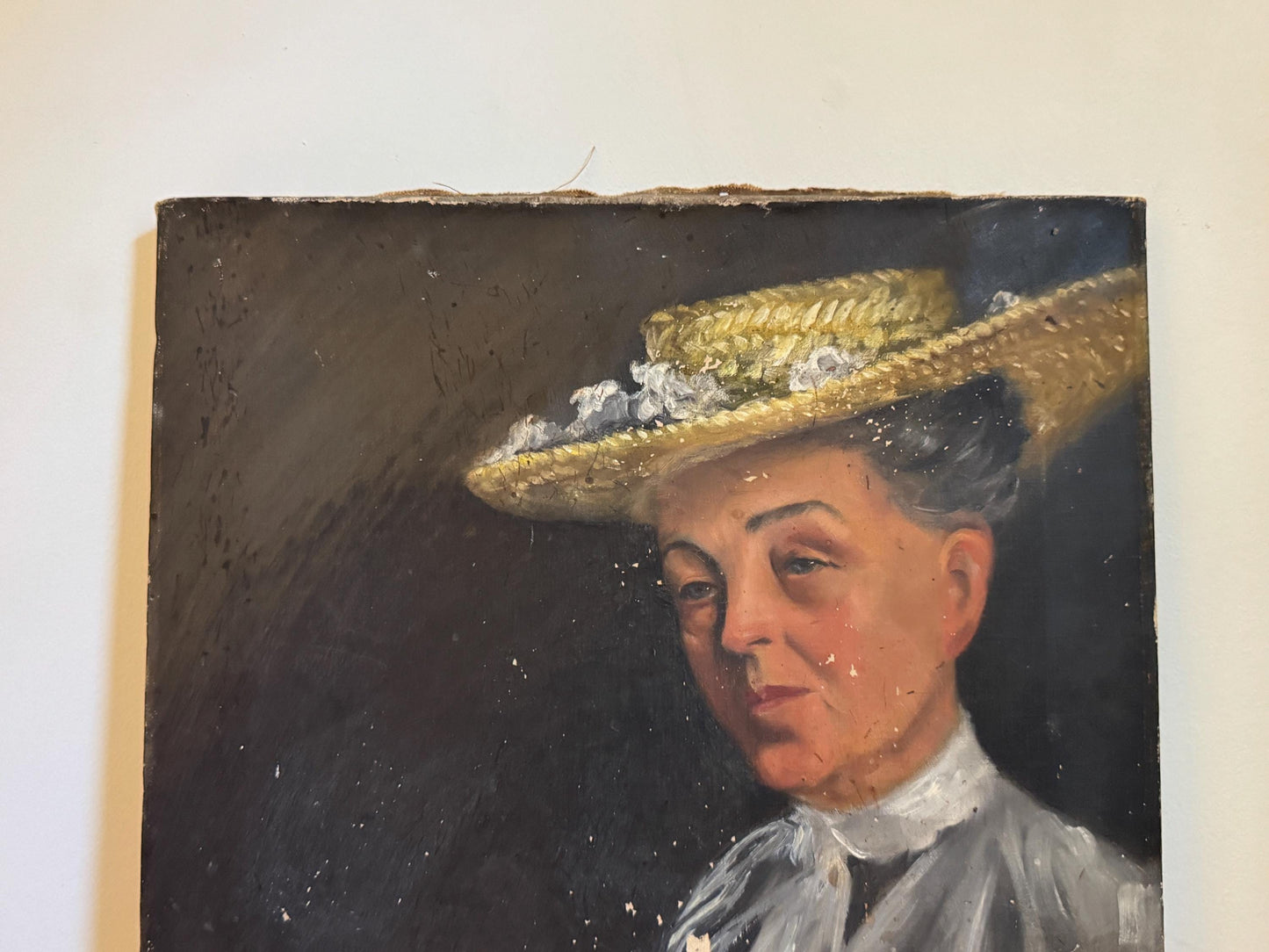 Antique Oil Portrait Woman Hat Canvas Unframed Hobby Painting Vintage Distressed Wall Art