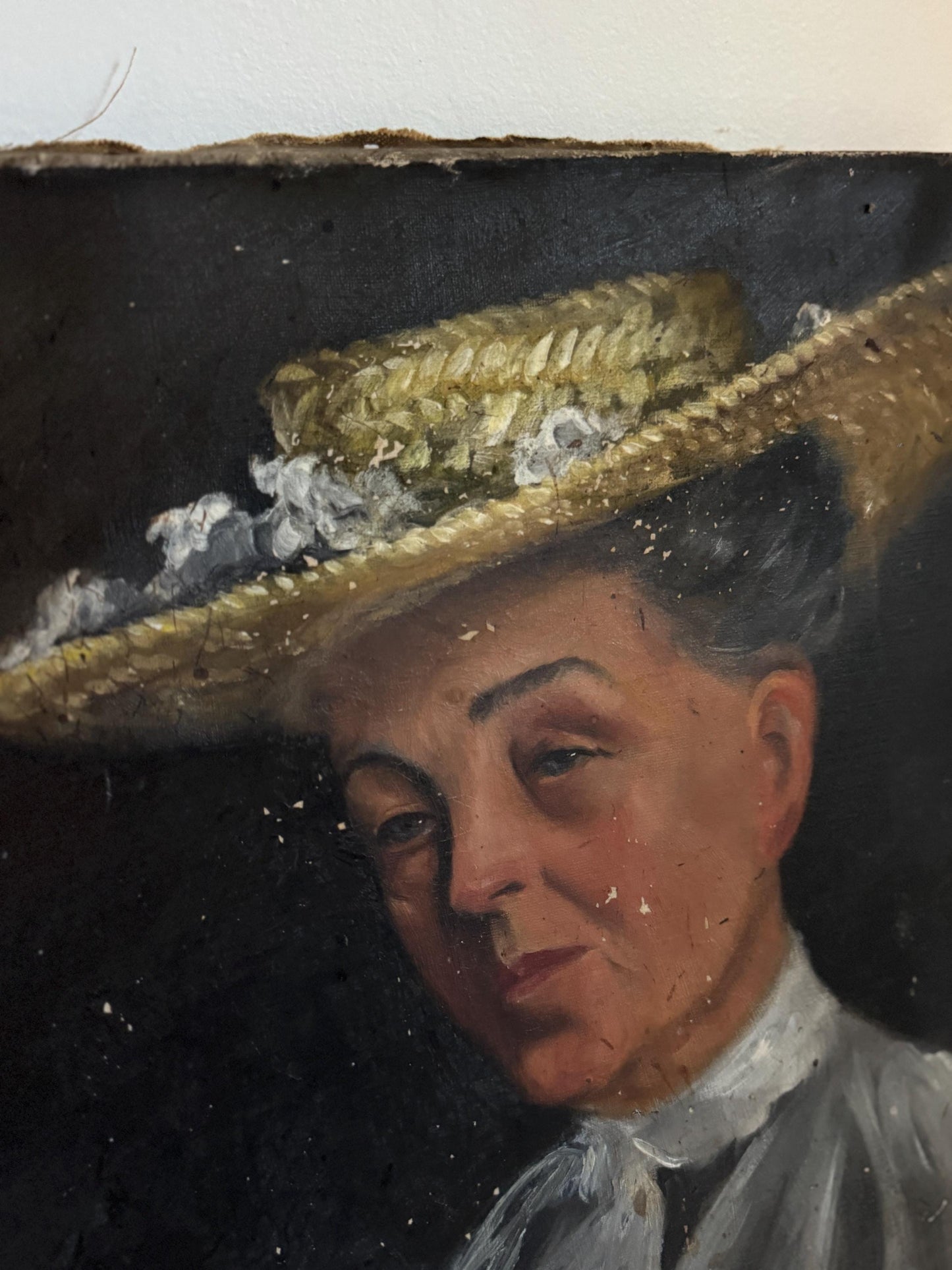 Antique Oil Portrait Woman Hat Canvas Unframed Hobby Painting Vintage Distressed Wall Art