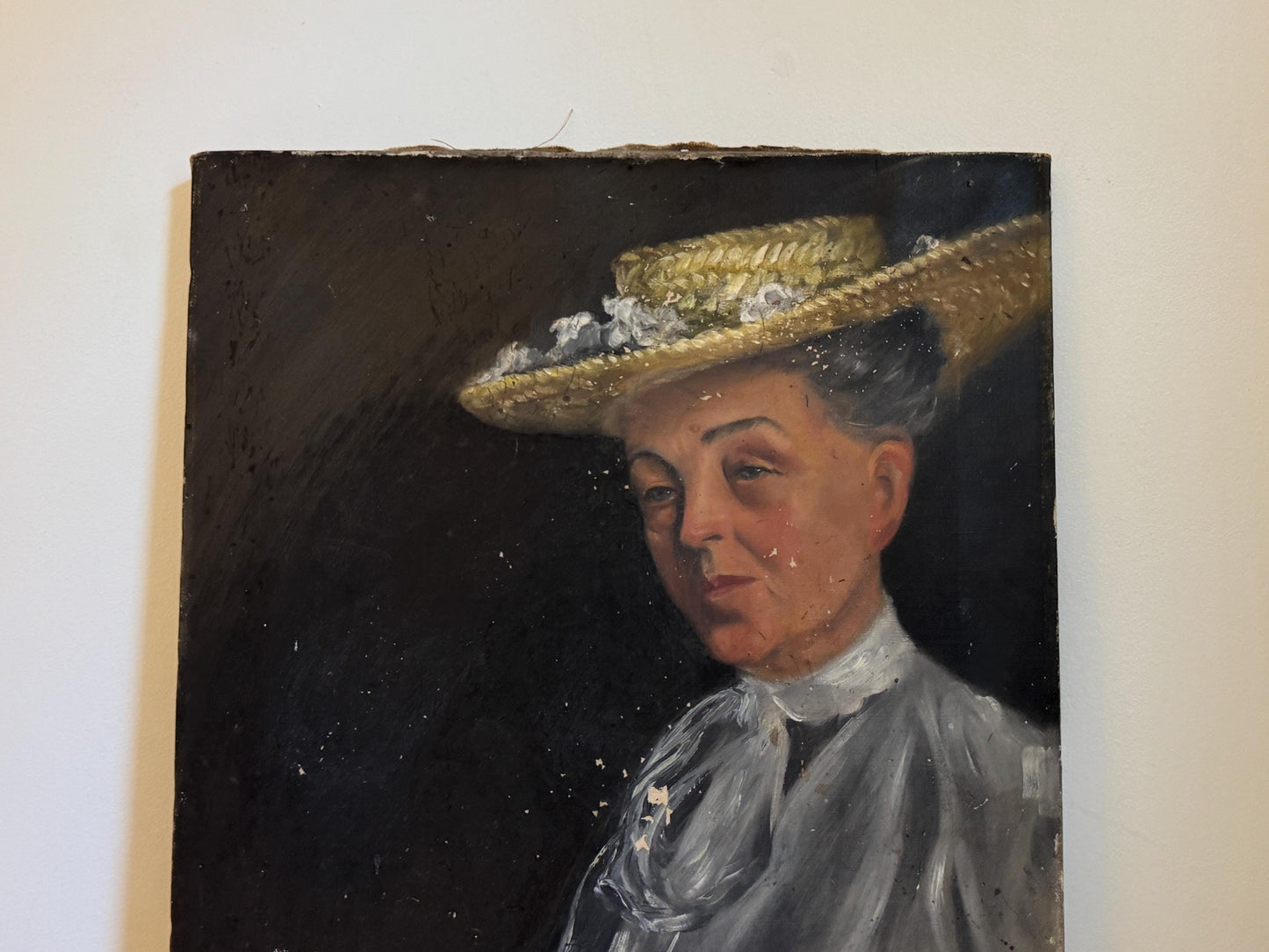 Antique Oil Portrait Woman Hat Canvas Unframed Hobby Painting Vintage Distressed Wall Art