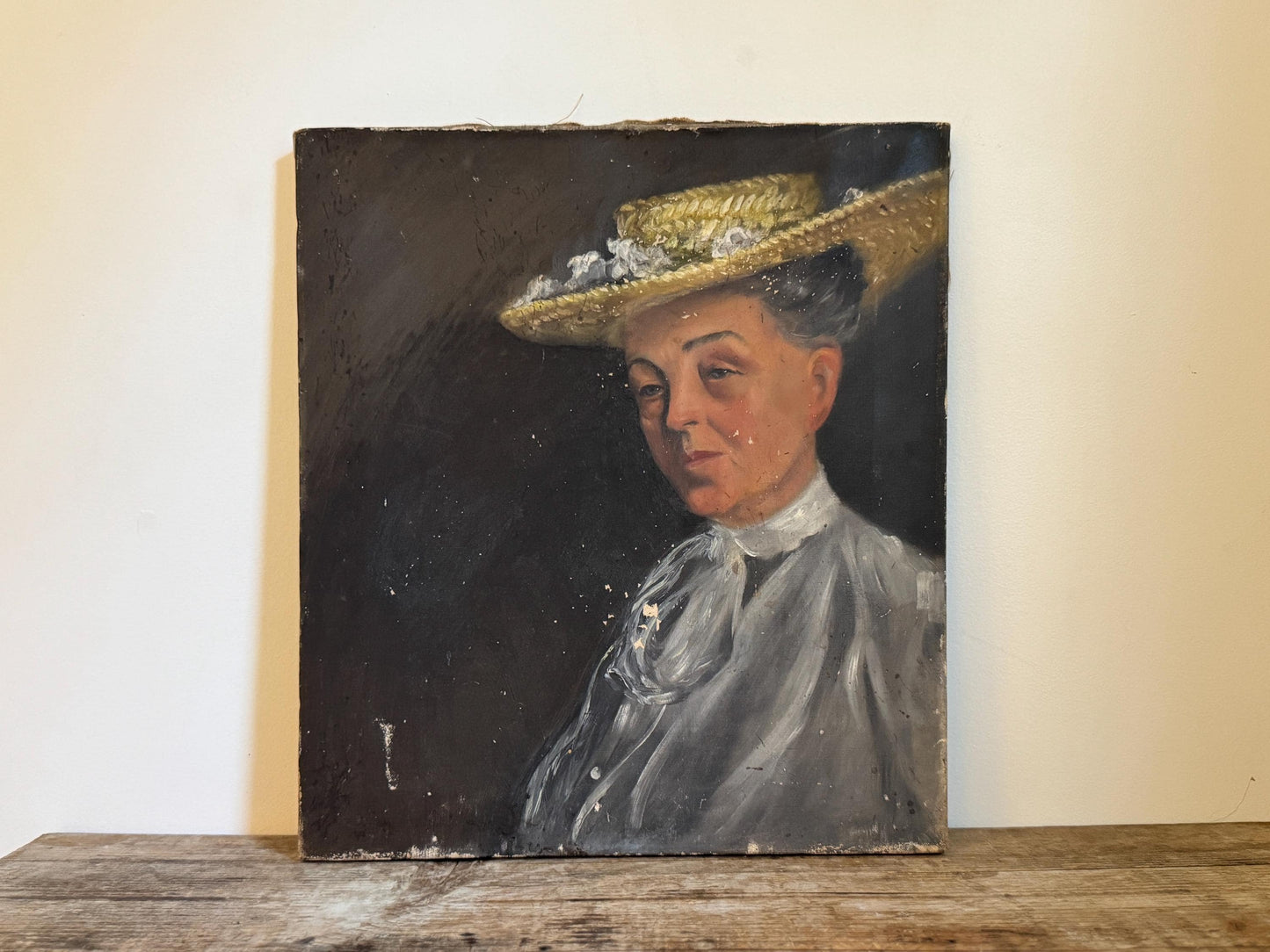 Antique Oil Portrait Woman Hat Canvas Unframed Hobby Painting Vintage Distressed Wall Art