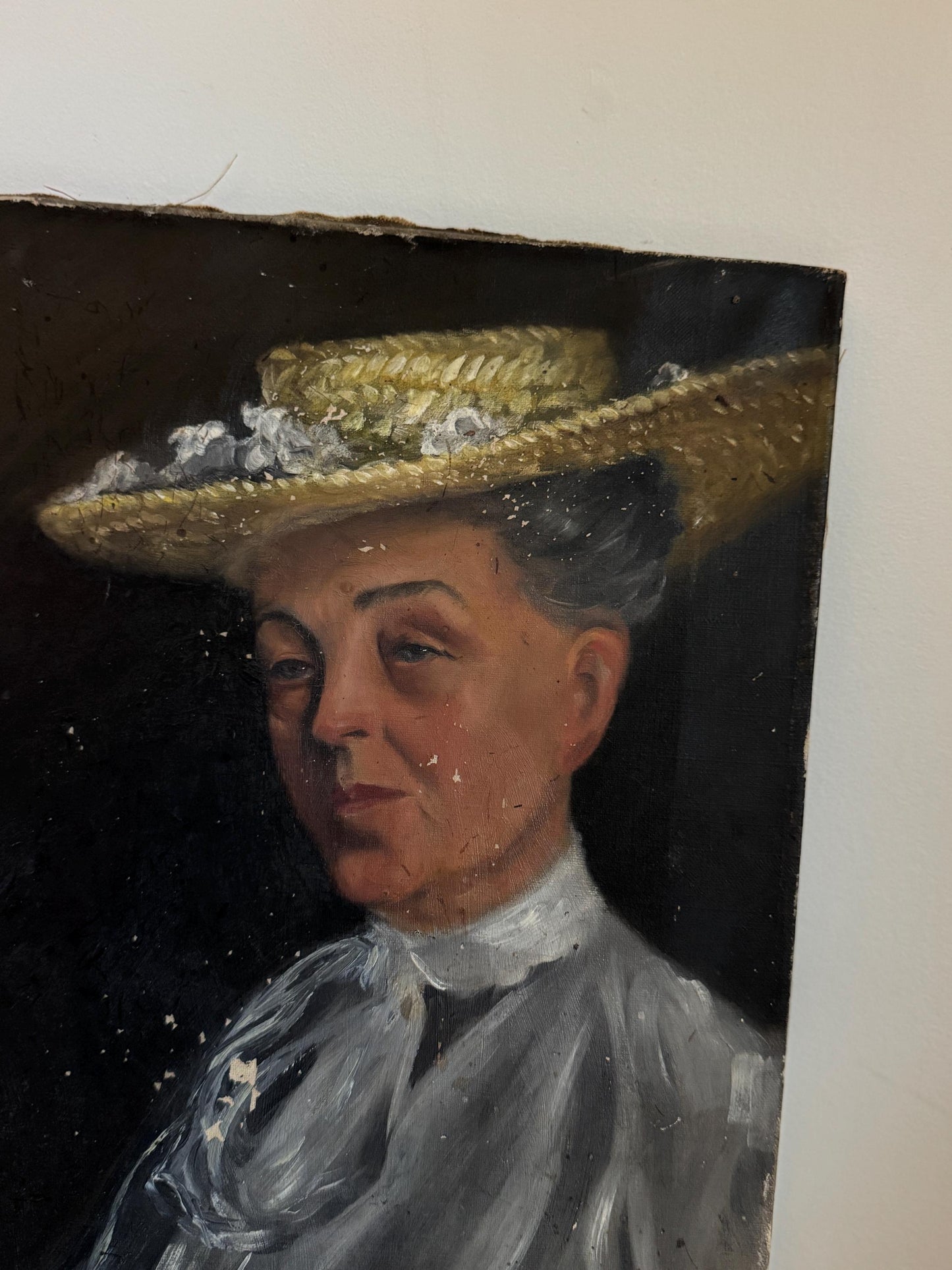 Antique Oil Portrait Woman Hat Canvas Unframed Hobby Painting Vintage Distressed Wall Art