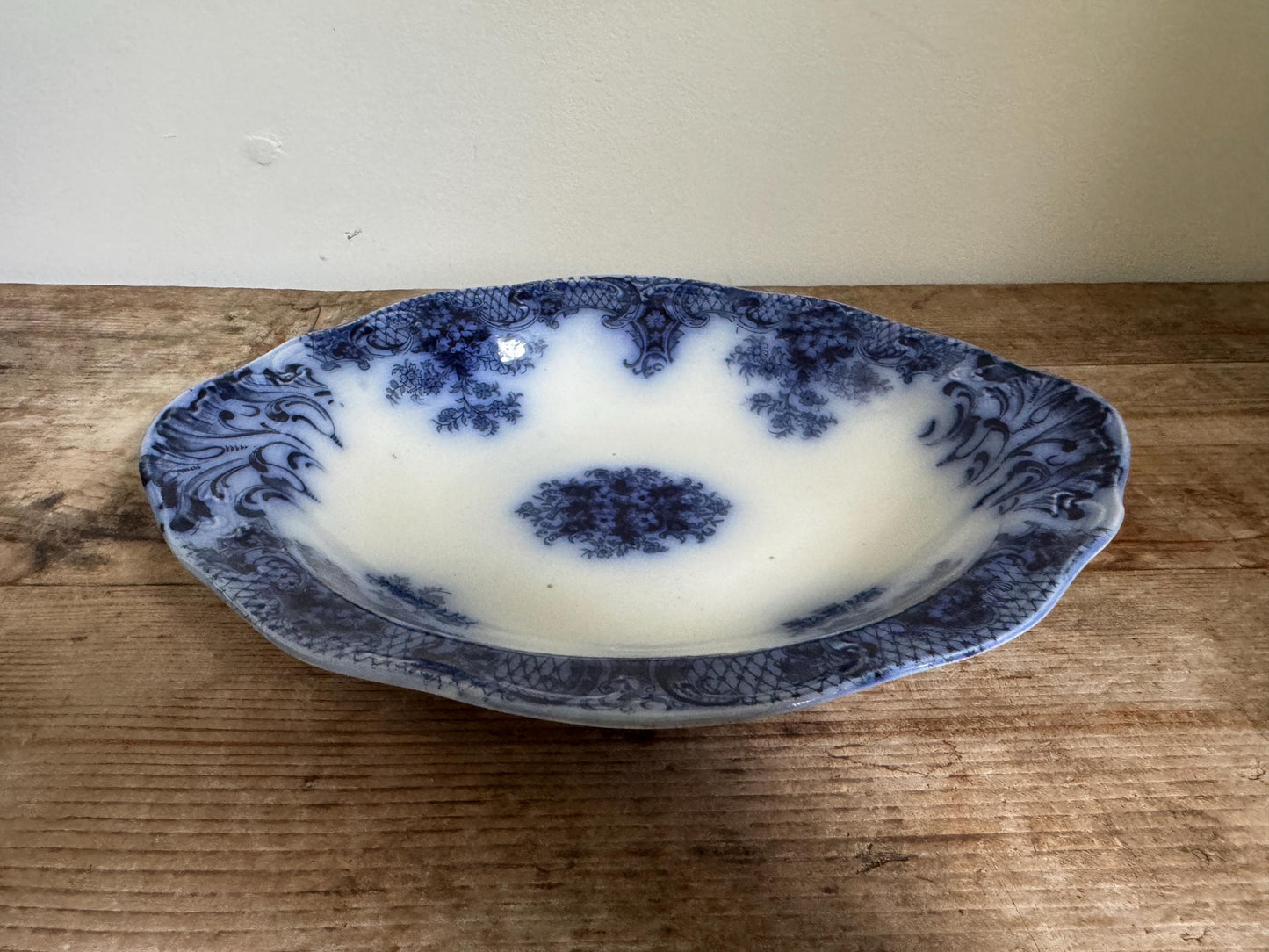 Antique Wood Son Keswick 12" Oval Vegetable Bowl Platter England Blue Transferware Relish Dish Ironstone Flow Blue