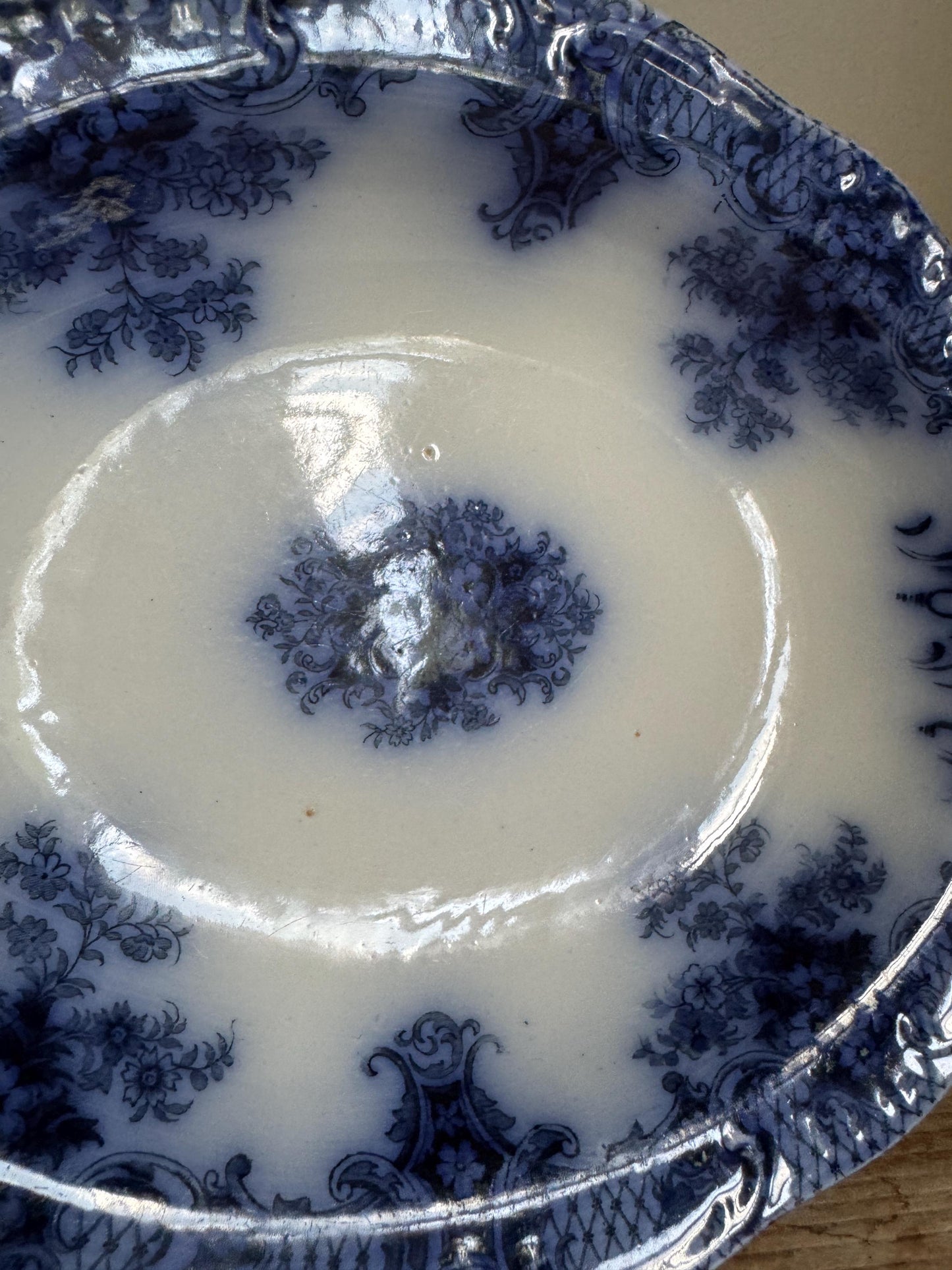 Antique Wood Son Keswick 12" Oval Vegetable Bowl Platter England Blue Transferware Relish Dish Ironstone Flow Blue