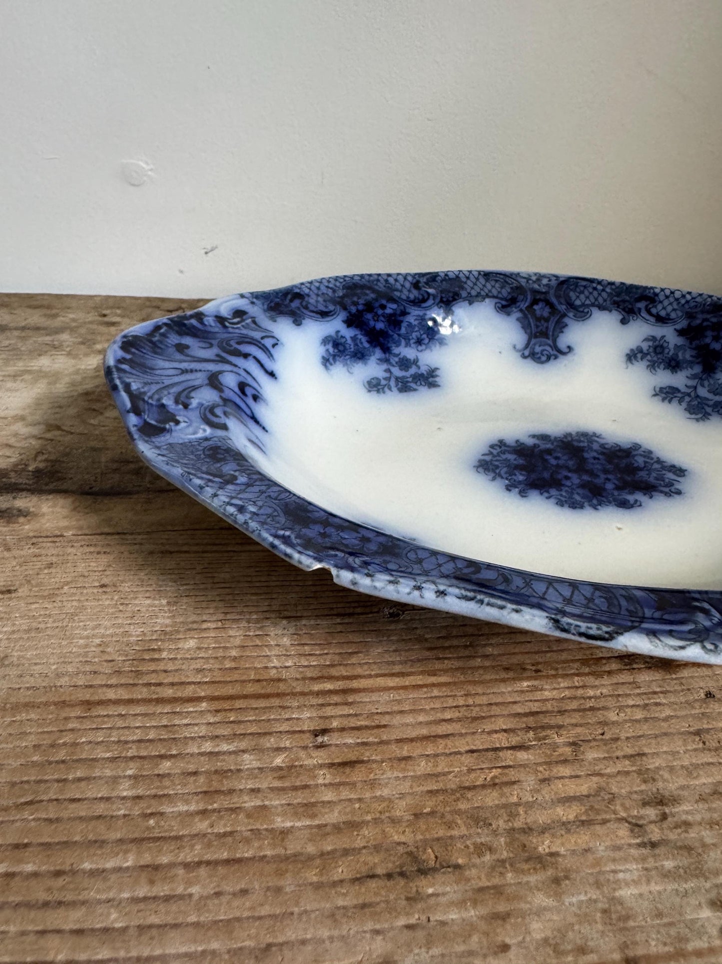 Antique Wood Son Keswick 12" Oval Vegetable Bowl Platter England Blue Transferware Relish Dish Ironstone Flow Blue
