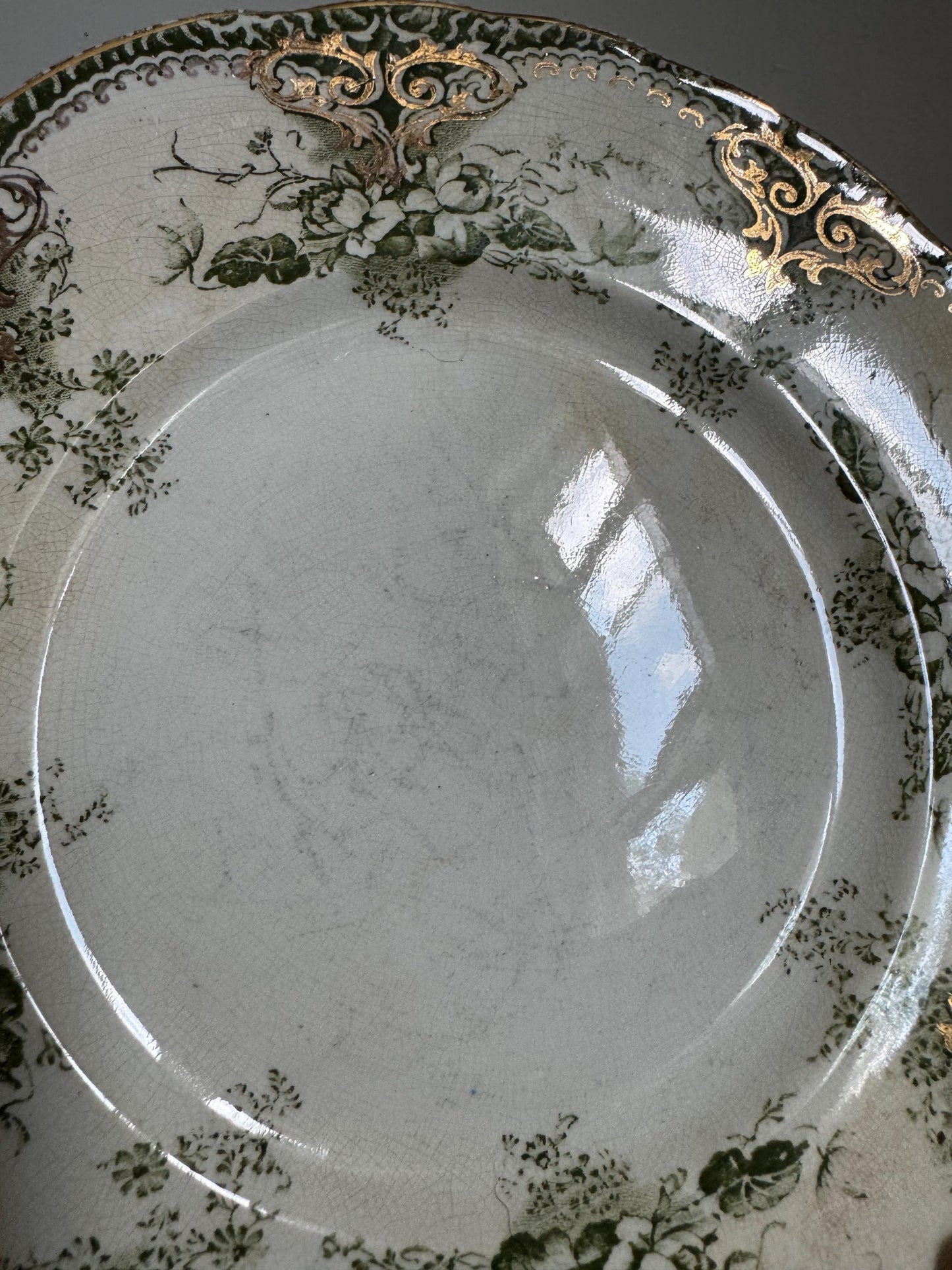 Antique Green Floral Gold China Green White Plate 9" Transferware