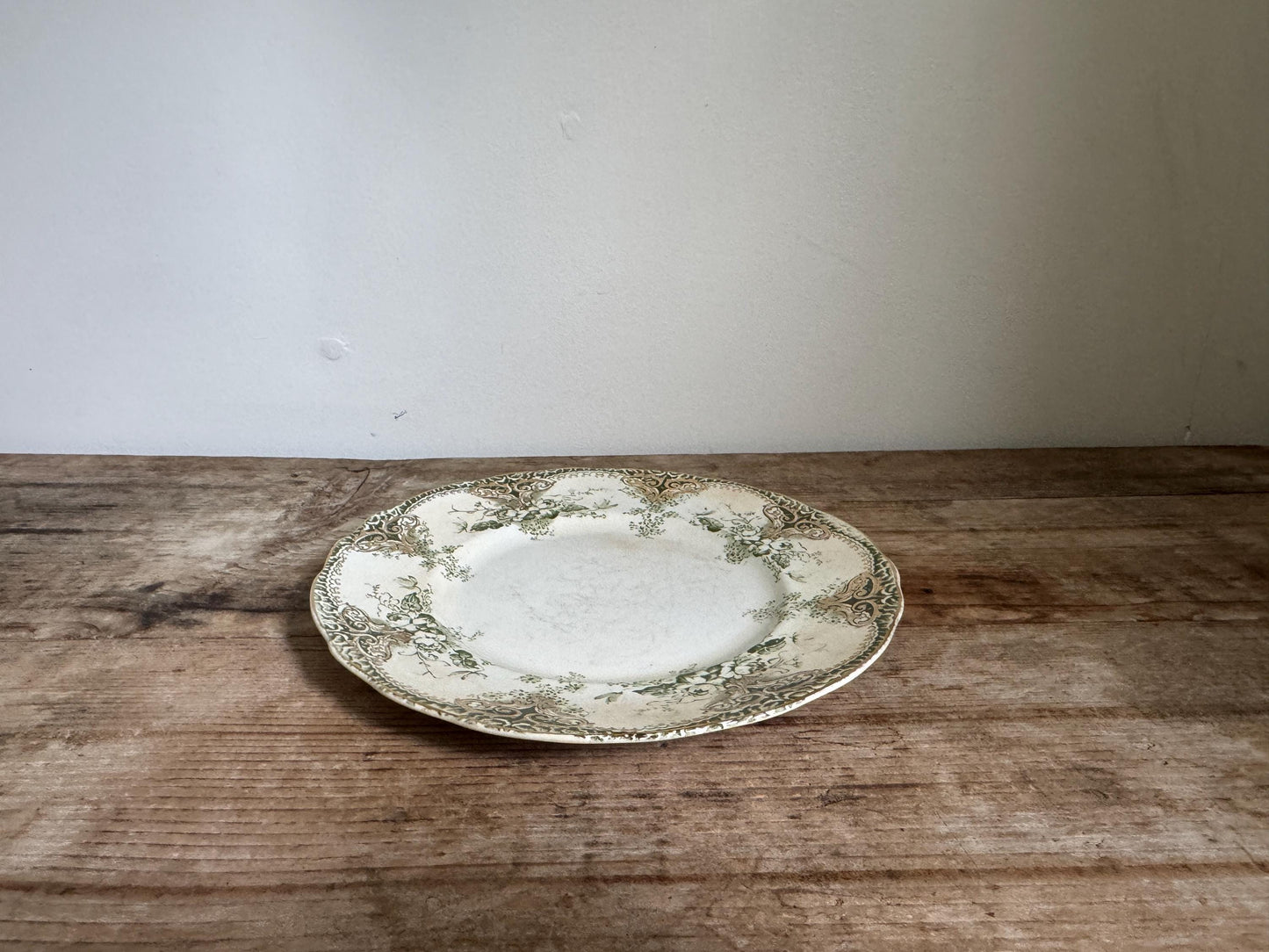 Antique Green Floral Gold China Green White Plate 9" Transferware