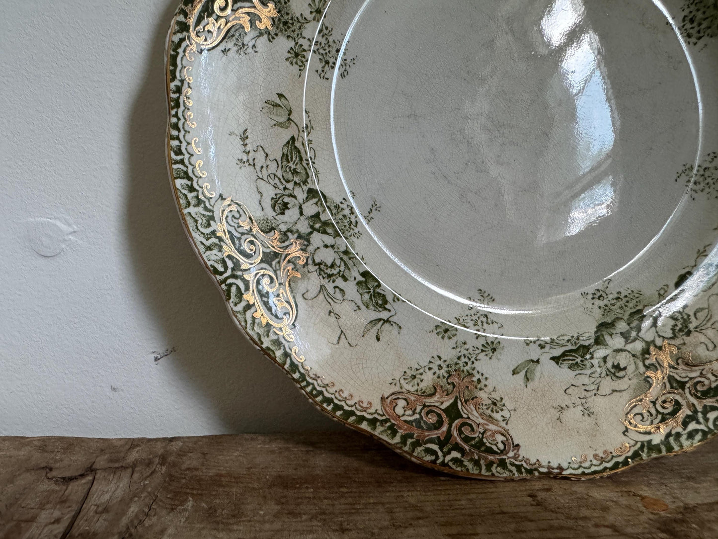 Antique Green Floral Gold China Green White Plate 9" Transferware