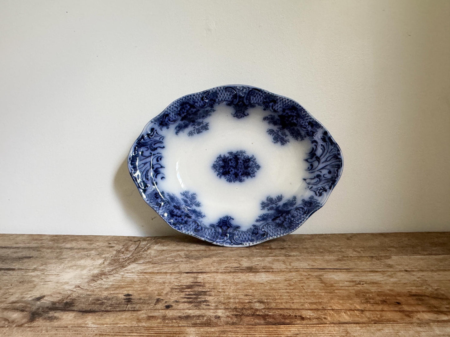 Antique Wood Son Keswick 12" Oval Vegetable Bowl Platter England Blue Transferware Relish Dish Ironstone Flow Blue