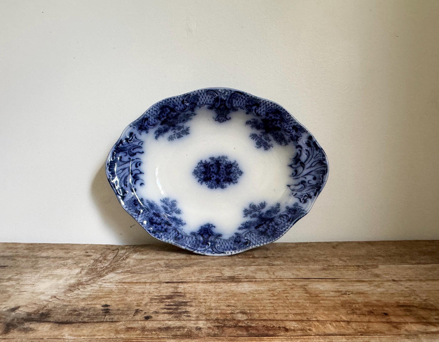 Antique Wood Son Keswick 12" Oval Vegetable Bowl Platter England Blue Transferware Relish Dish Ironstone Flow Blue